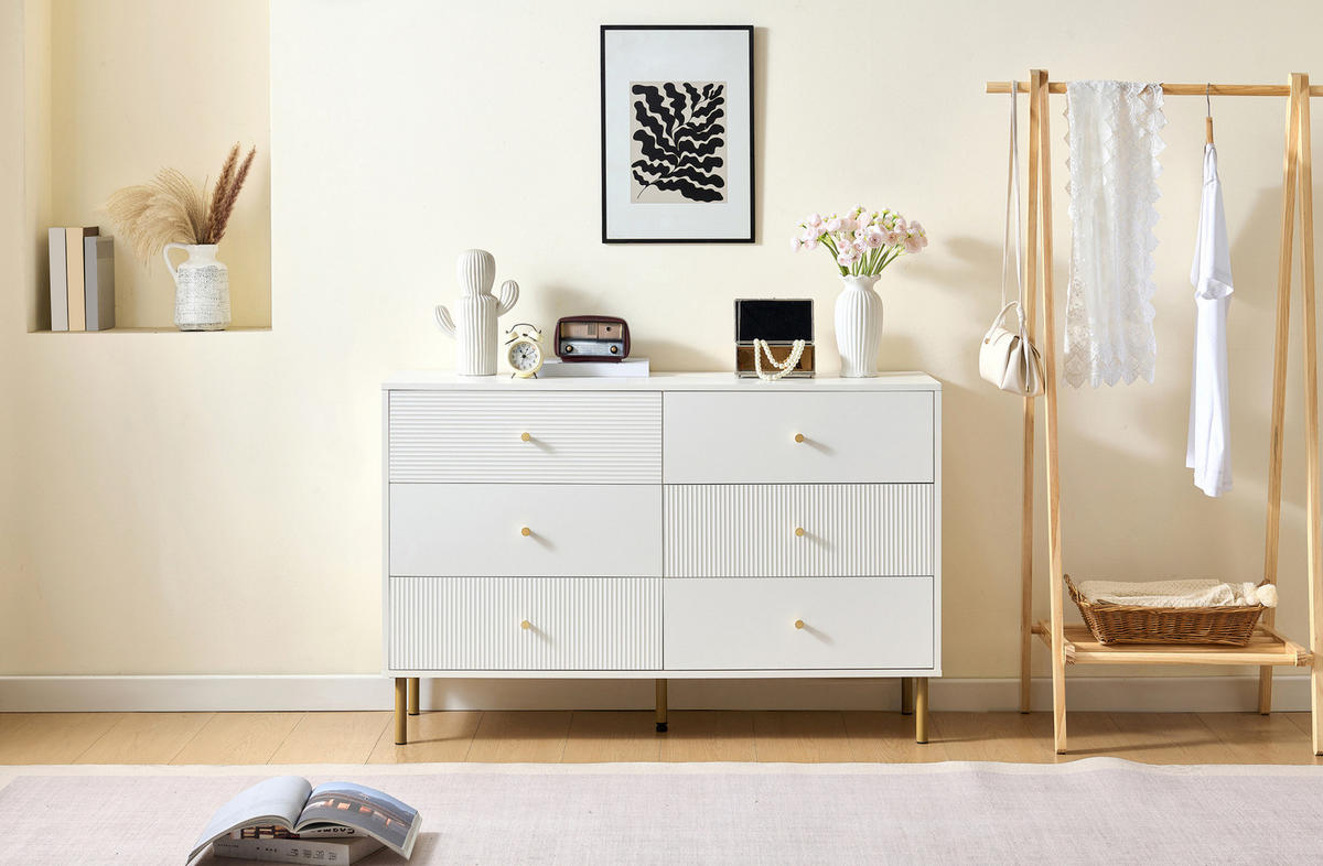 KOMMODE mit 6 Schubladen, MDF mit Stahlbeinen, 120/40/78 cm, Weiß - Weiß, Holzwerkstoff (40/78/120cm) - Redom