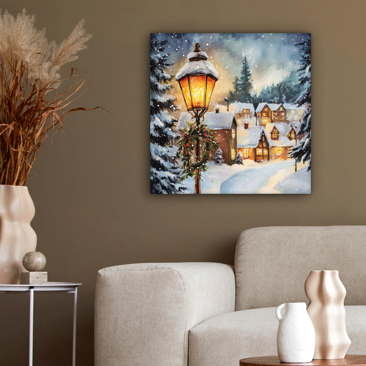 LEINWANDBILD Weihnachtsdorf - Häuser - Schnee - Weihnachten 50x50 cm - Sandfarben, Textil (50/50cm) - MuchoWow