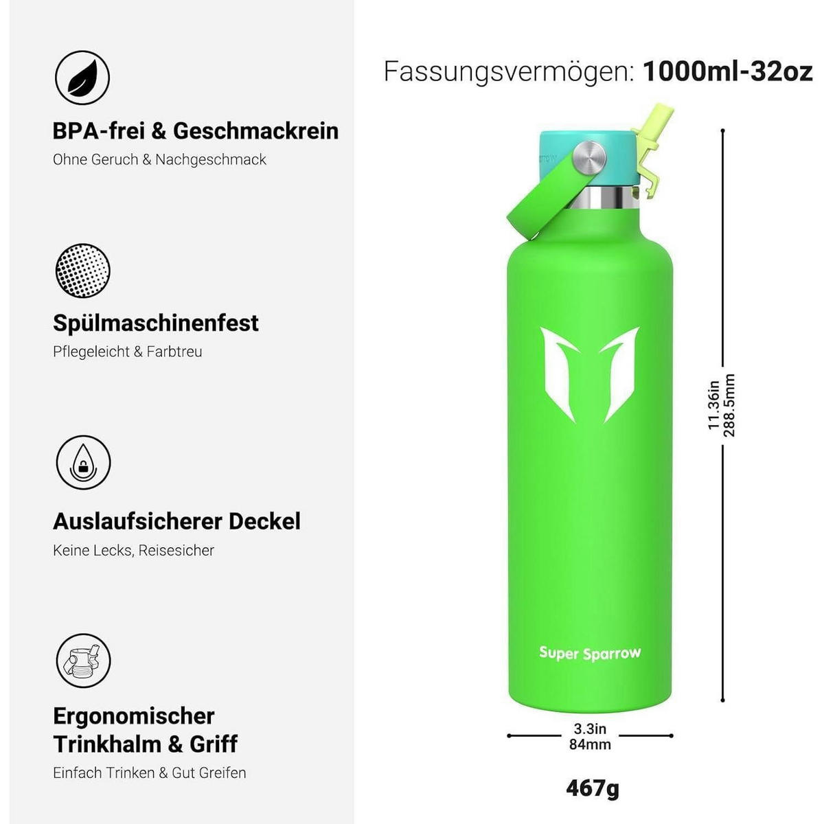 TRINKFLASCHE Edelstahl 1000 ml Apfelgrün - Hellgrün, Metall (8.5/8.5cm)