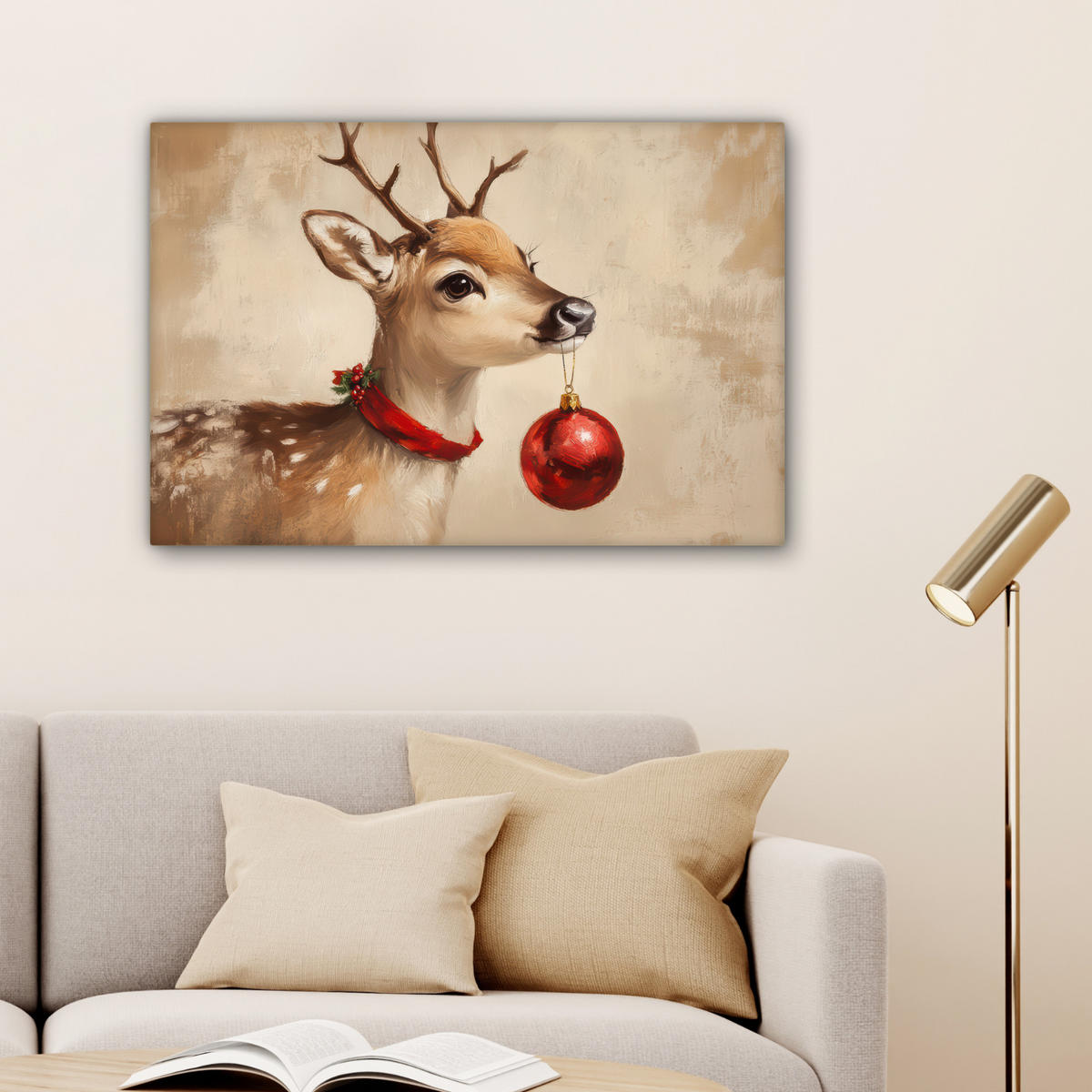 LEINWANDBILD Weihnachten - Hirsch - Geweih - Weihnachtskugel - Rentier Wanddeko 90x60 cm - Hellbraun, Textil (90/60cm) - MuchoWow