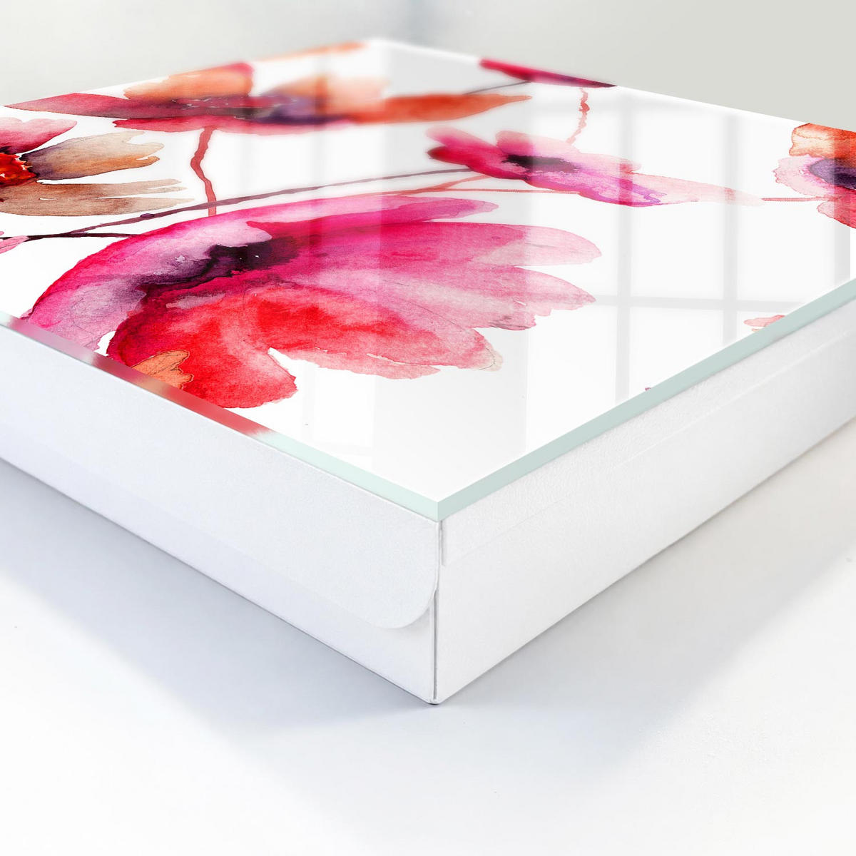 SCHLÜSSELBOX Weiß 30x30 cm – Türöffnung nach rechts - Aquarellblumen - Rot, Metall (30/30/5cm) - TULUP