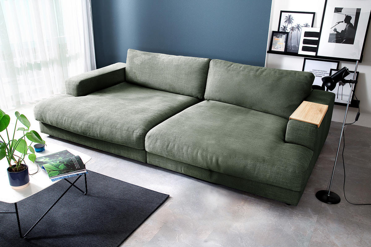 BIG SOFA MIT TABLETT MADELINE Grün Webstoff - Schwarz/Olivgrün, Kunststoff/Textil (290/85/170cm) - KAWOLA