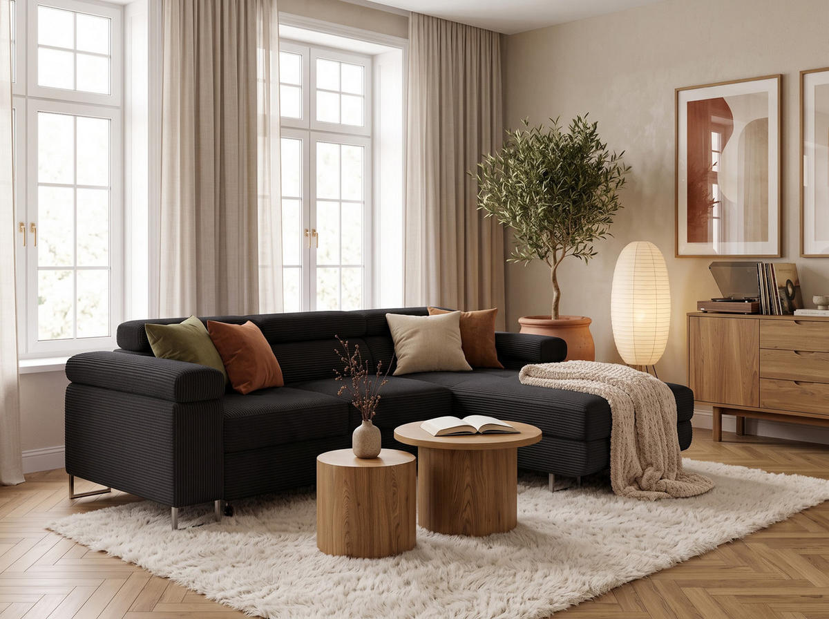 ECKSOFA VEMO MINI Rechts Schwarz Cord-Stoff Kompakter Komfort für Wohnräume - Schwarz, Textil (175/235cm) - Barchello