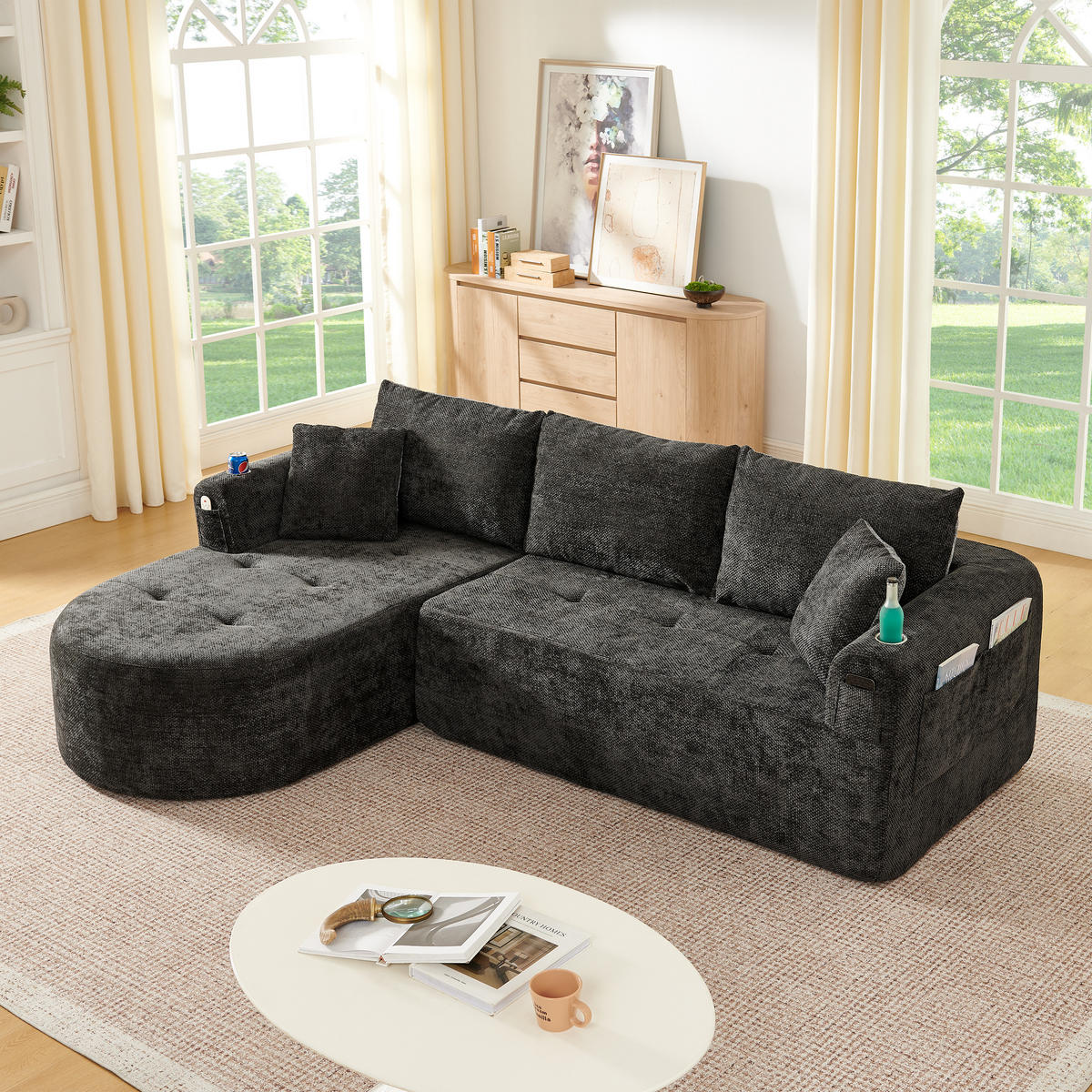 ECKSOFA 255/171/64 cm Schwarz Leinen mit 2 Getränkehalter - Schwarz, Textil (255/171cm) - Oxeza