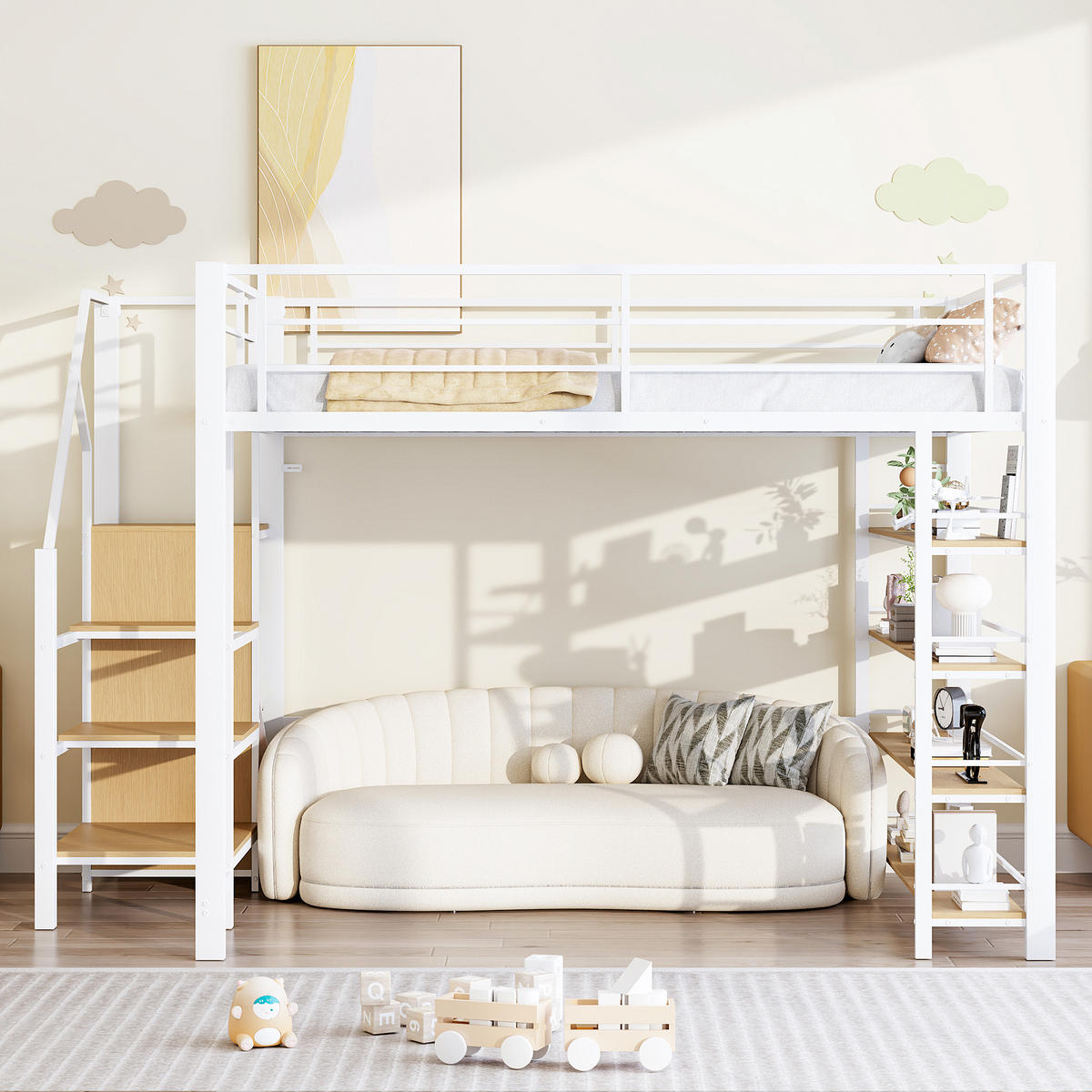 HOCHBETT 140/200 cm DE-01618, in Weiß, mit Sicherheitstreppe und Kleiderschrank - Weiß, Metall (140/200cm) - ComfortXL
