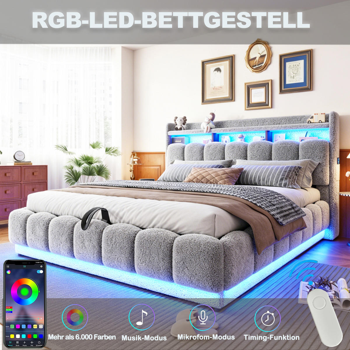 POLSTERBETT 180/200 cm in Grau mit Bettkasten, LED und USB-Anschluss aus Stoff und Metall - Grau, Textil/Metall (180/200cm) - STILVORA