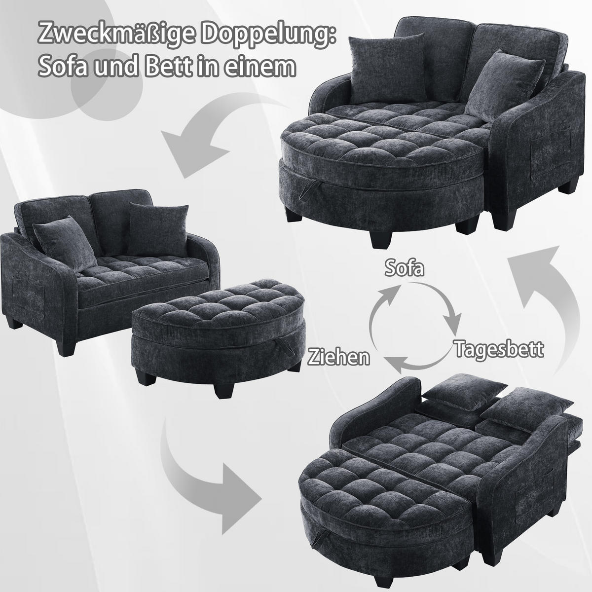 SCHLAFSOFA 2-in-1 mit Hocker und Stauraum, Schwarz - Schwarz, Holz (132/93/129cm)