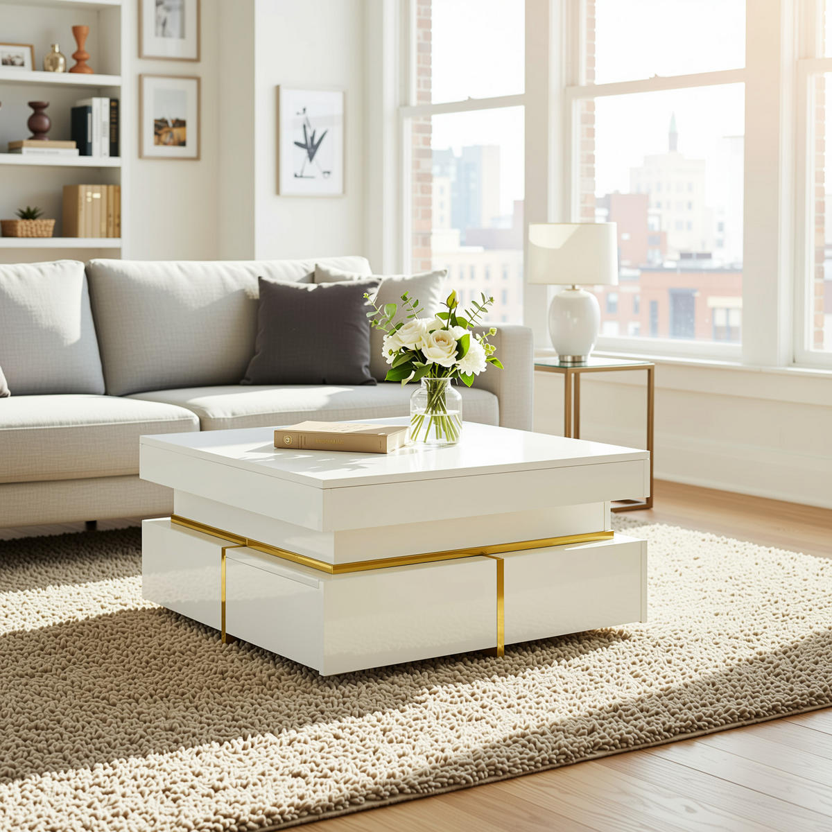 COUCHTISCH mit goldenen akzenten, 2 schubladen & kompaktes design - Weiß, Holzwerkstoff (70/70/35.5cm) - Urban Meuble
