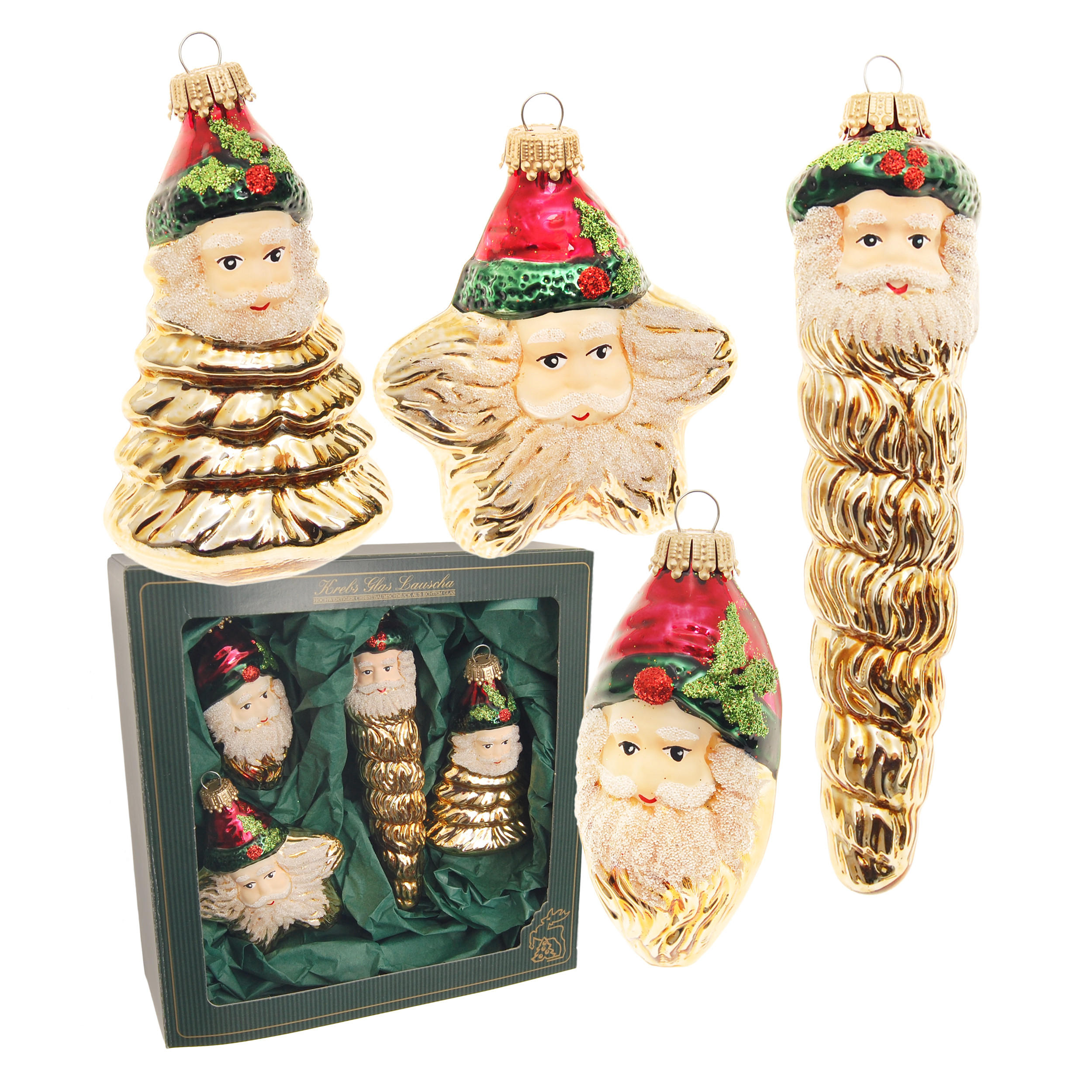 CHRISTBAUMSCHMUCK Weihnachtsmanngesichter Goldfarbig 15cm (Glas / 4 Stk.) - Goldfarben, Glas (4/14/4cm) - Krebs Glas Lauscha