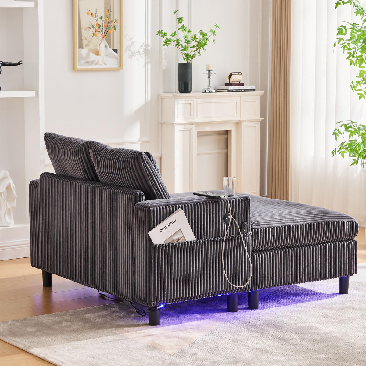 SCHLAFSOFA,SCHLAFCOUCH Grau, Cordbezug mit Beleuchtung&USB und Getränkehalter - Grau, Textil (142/85/128cm) - PARAFTA HOME