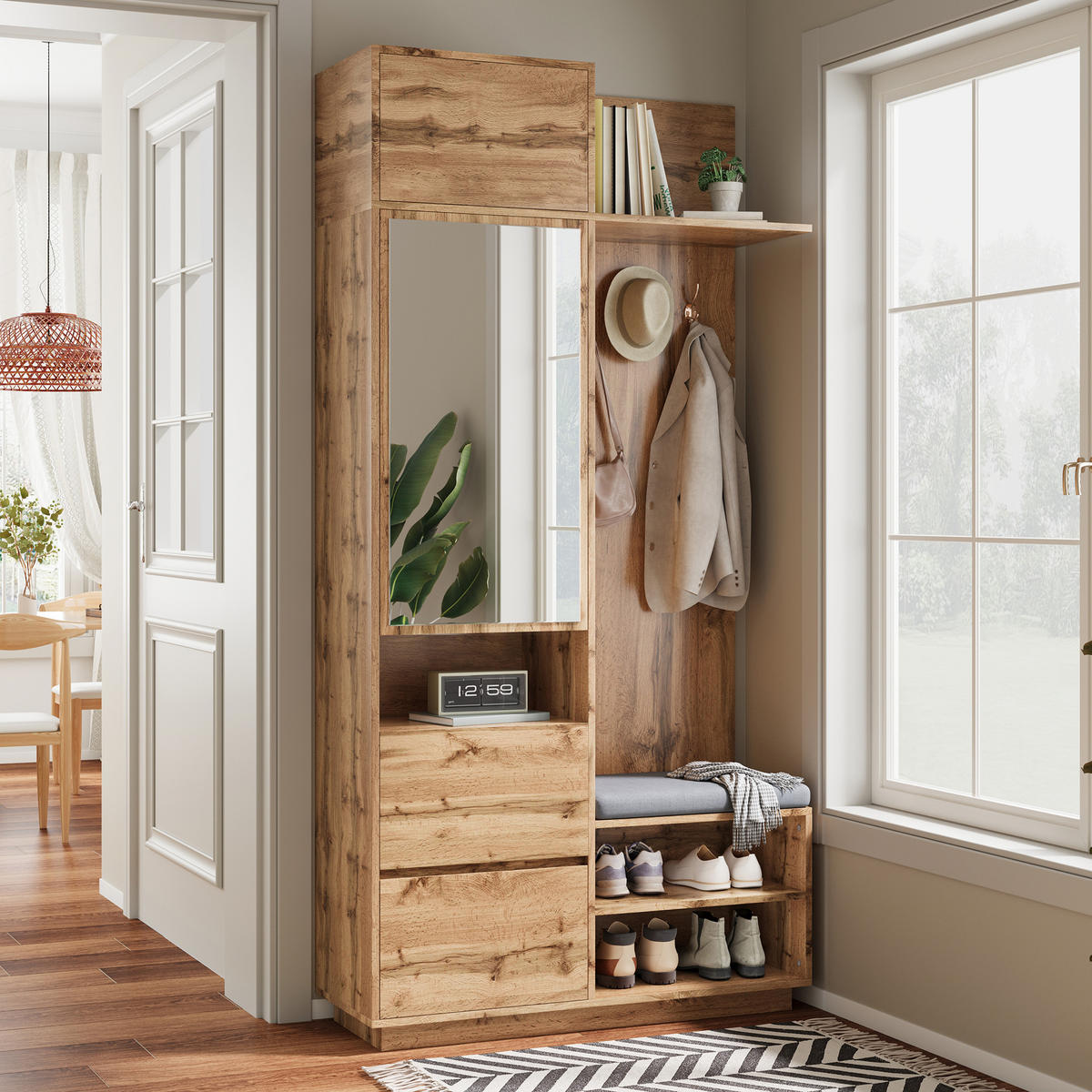 GARDEROBE Spiegel Sitzbank Schuhschrank - Naturfarben, Holz (90/190/34.5cm) - Fortuna Lai