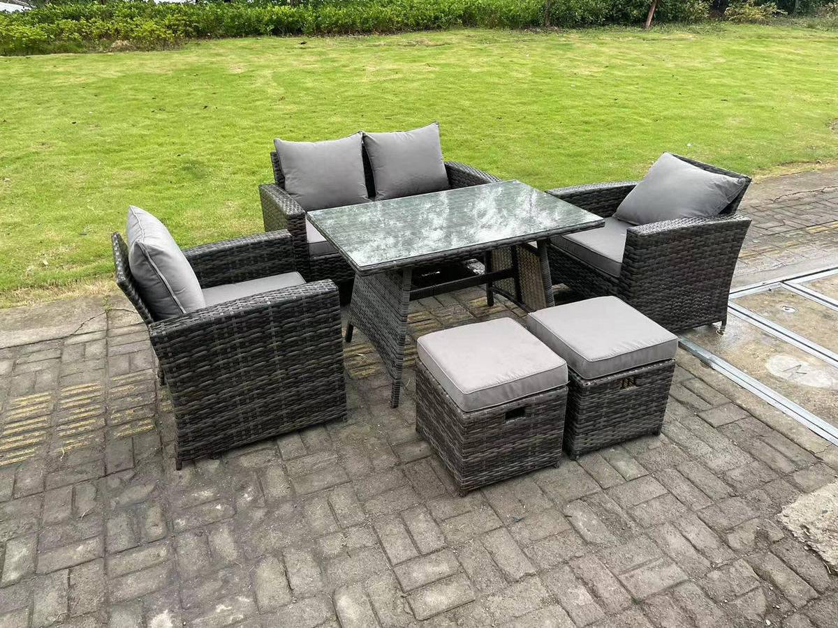 GARTENTISCHGRUPPE Polyrattan 6-Sitzer - Dunkelgrau/Grau, Glas/Kunststoff - Fimous