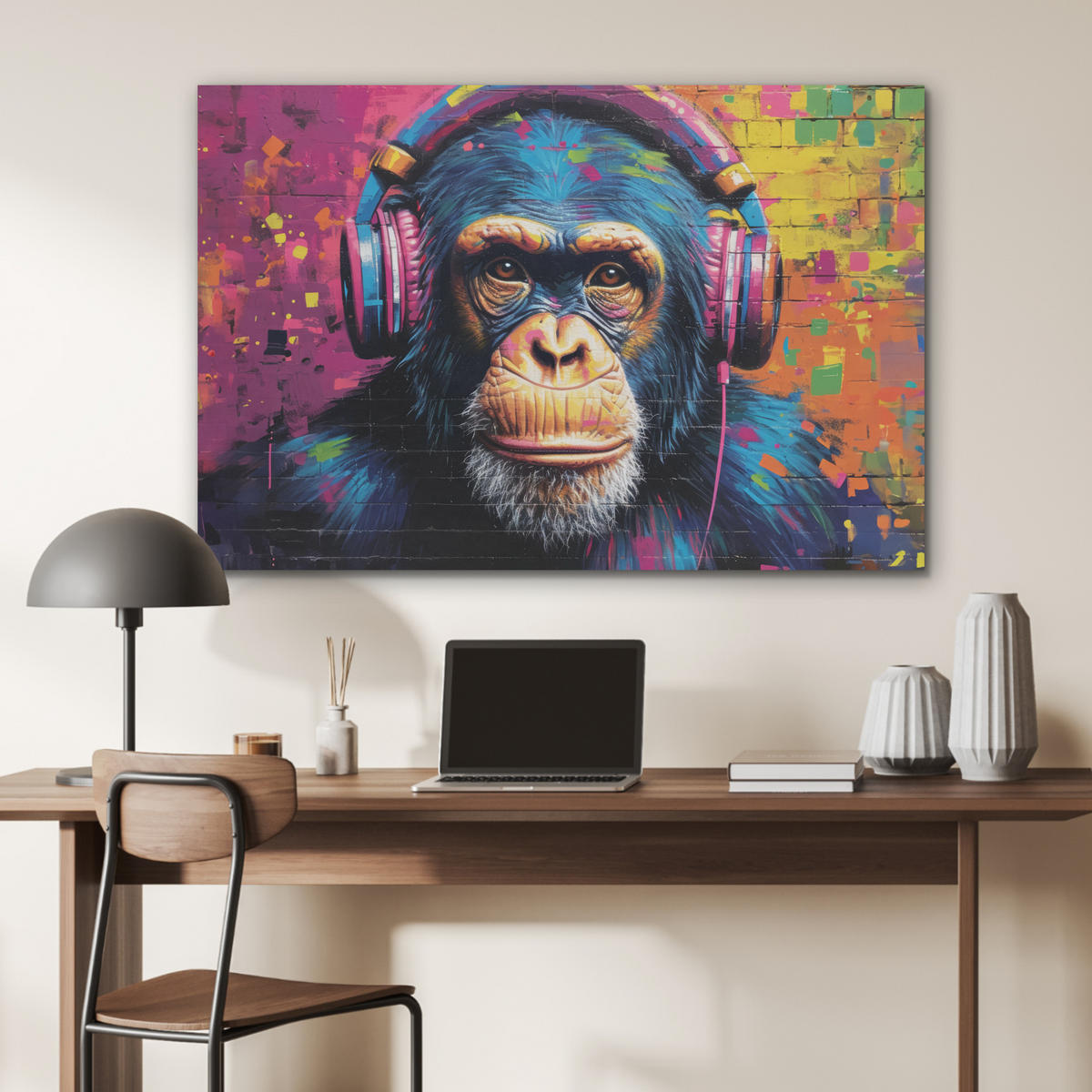AKUSTIKBILD Graffiti - Schimpanse - Straßenkunst - Kopfhörer - Affe Akustikpaneele 90x60 cm - Blau, Kunststoff (90/60/0.9cm) - MuchoWow