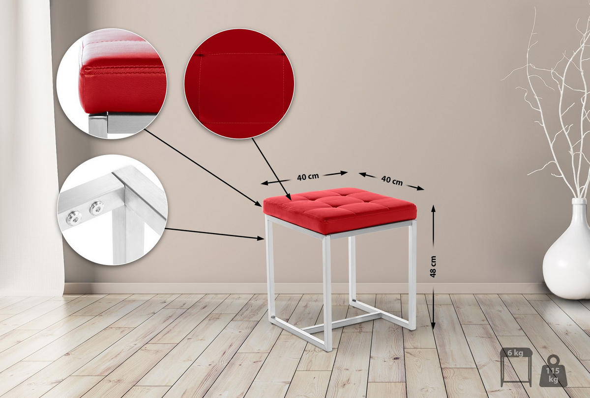 HOCKER Lederlook rot - Edelstahlfarben/Rot, Textil/Metall (40/48/40cm) - CLP