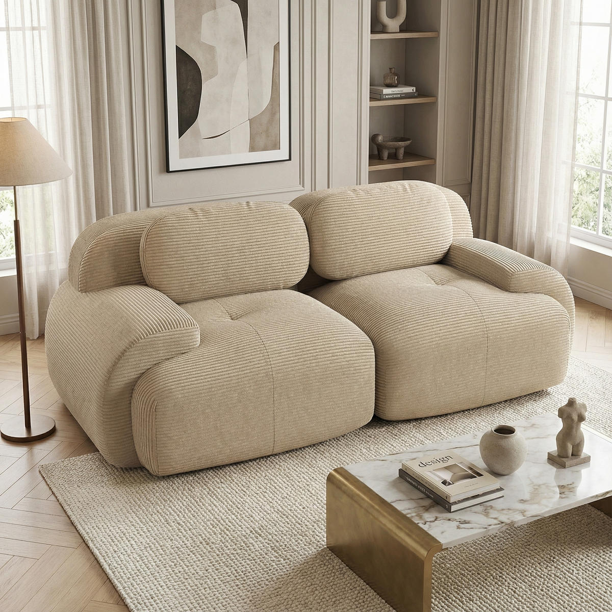 2-SITZER-SOFA in Premium-Cord Montagefrei - Beige, Textil (208/75/103cm) - Urban Meuble