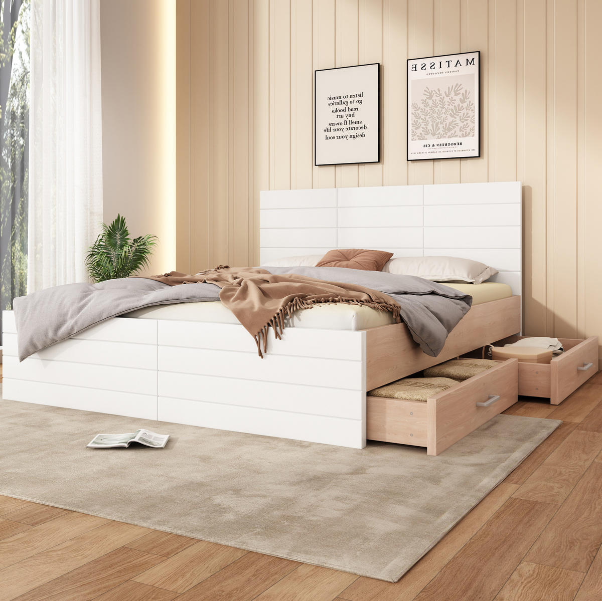 HOLZBETT 140/200 cm mit 2 Schubladen, Lattenrost und Matratze aus Massivholz und MDF, Weiß/Eiche - Weiß, Holzwerkstoff (140/200cm) - Redom