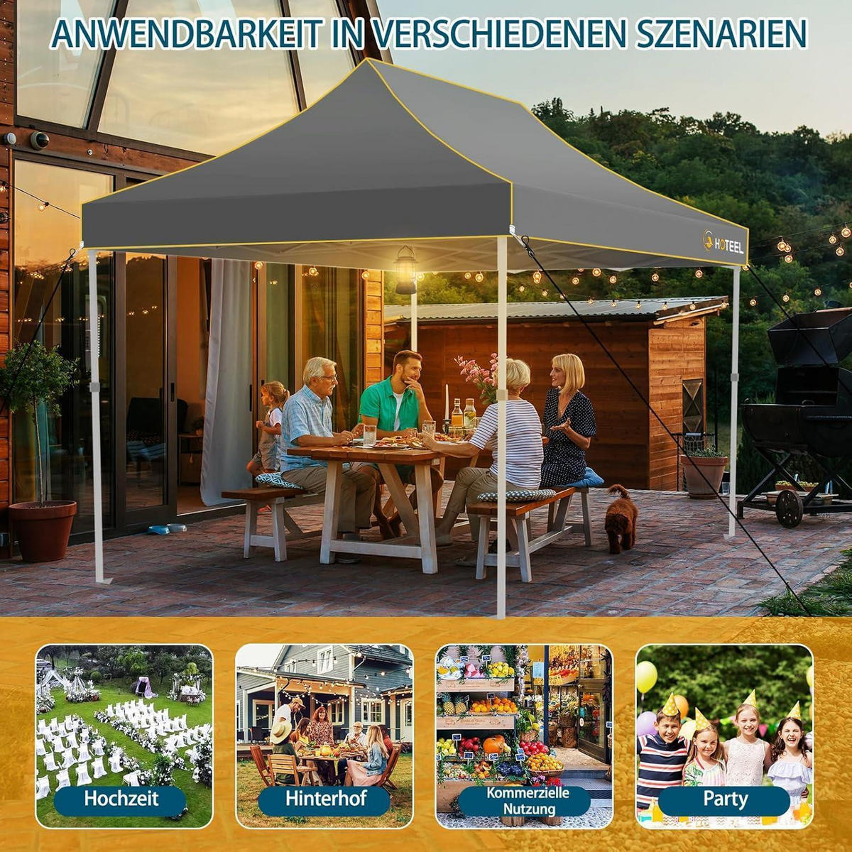 FALTPAVILLON 3 x 4,5 m Grau Wasserdicht Stabil - Grau, Textil (300/342/450cm)