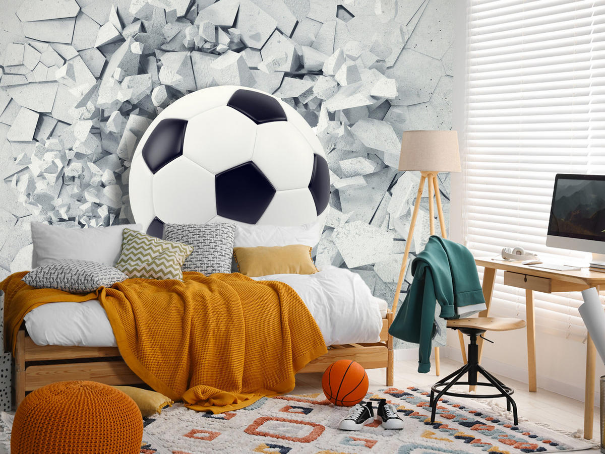 FOTOTAPETE für Kinderzimmer Fußball Riss Graue Wand Dynamik Sport 400x280 - Schwarz/Weiß, Papier (400/280cm) - Muralo