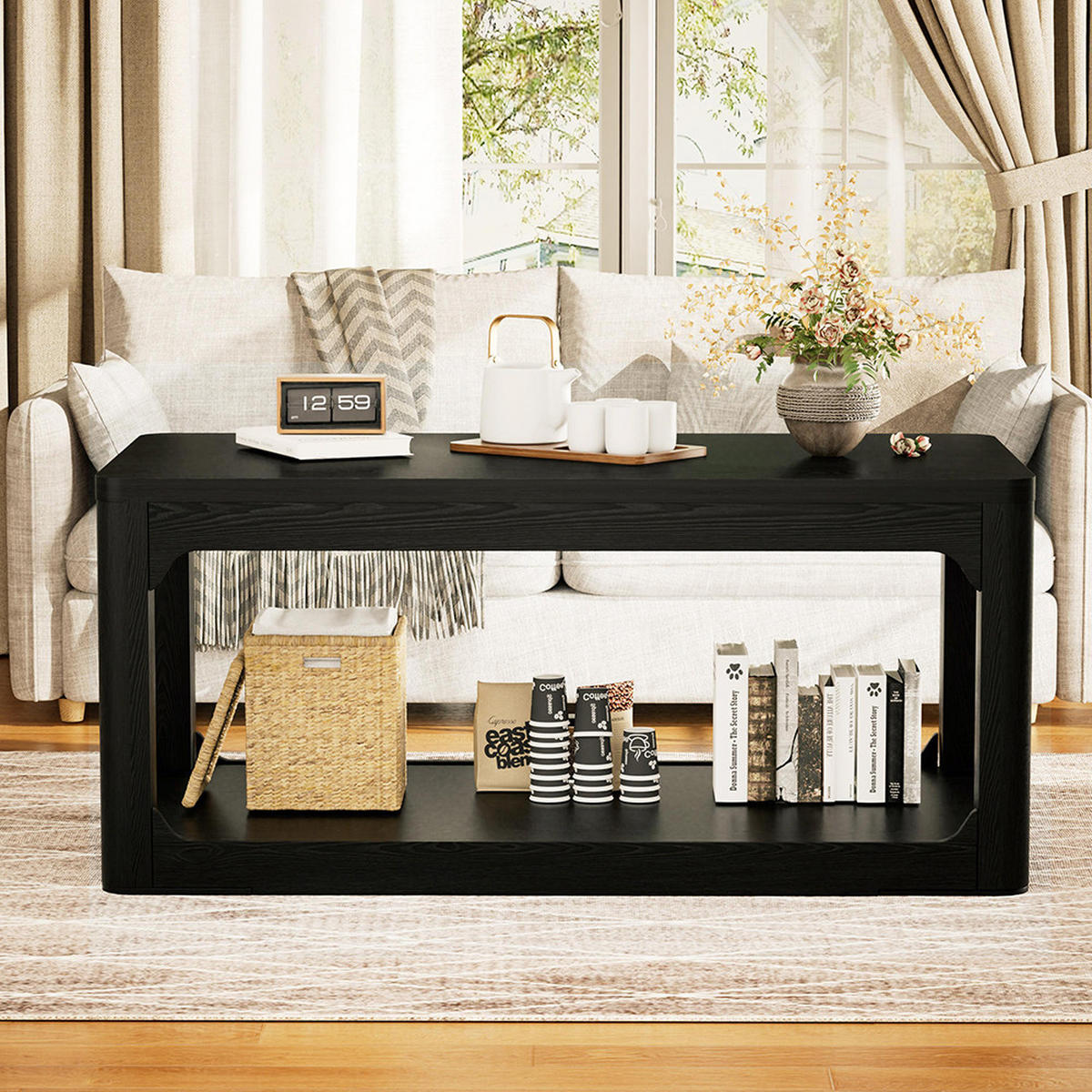COUCHTISCH 100/50/44.5cm mit zwei Ablagefächern, modernes Design, Schwarz - Schwarz, Holz (100/50/44.5cm) - KOMHTOM