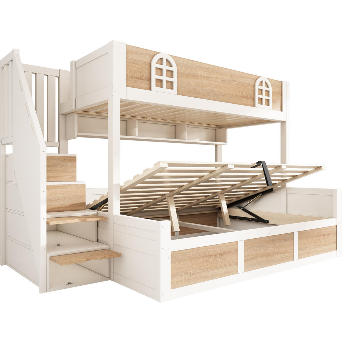ETAGENBETT 90/200 cm und 140/200 cm Weiß Natur mit hydraulischem Stauraum ohne Matratze - Weiß, Holz (140/200cm) - MIVRAY