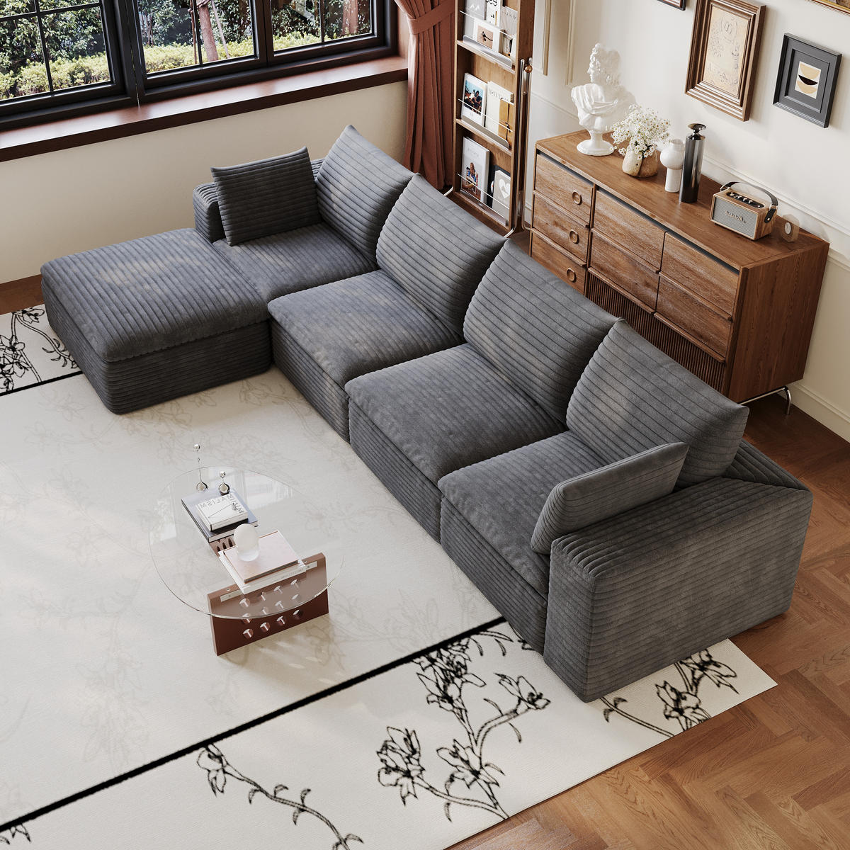 ECKSOFA DE-34773 4-Sitzer mit ottomane Dunkelgrau - Dunkelgrau, Textil (160/340cm) - ComfortXL