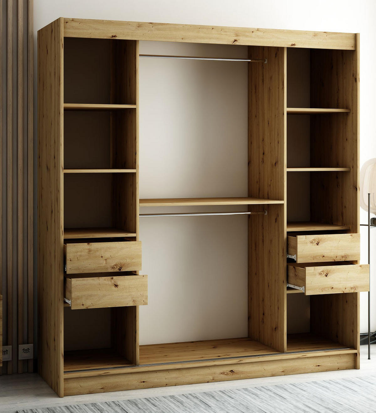 SCHIEBETÜRENSCHRANK Lamelo2 Artisan Eiche / schwarz matt 200 / 62 / 200cm - Eichefarben/Multicolor, Holz/Holzwerkstoff (200/200/62cm) - Feldmann-Wohnen