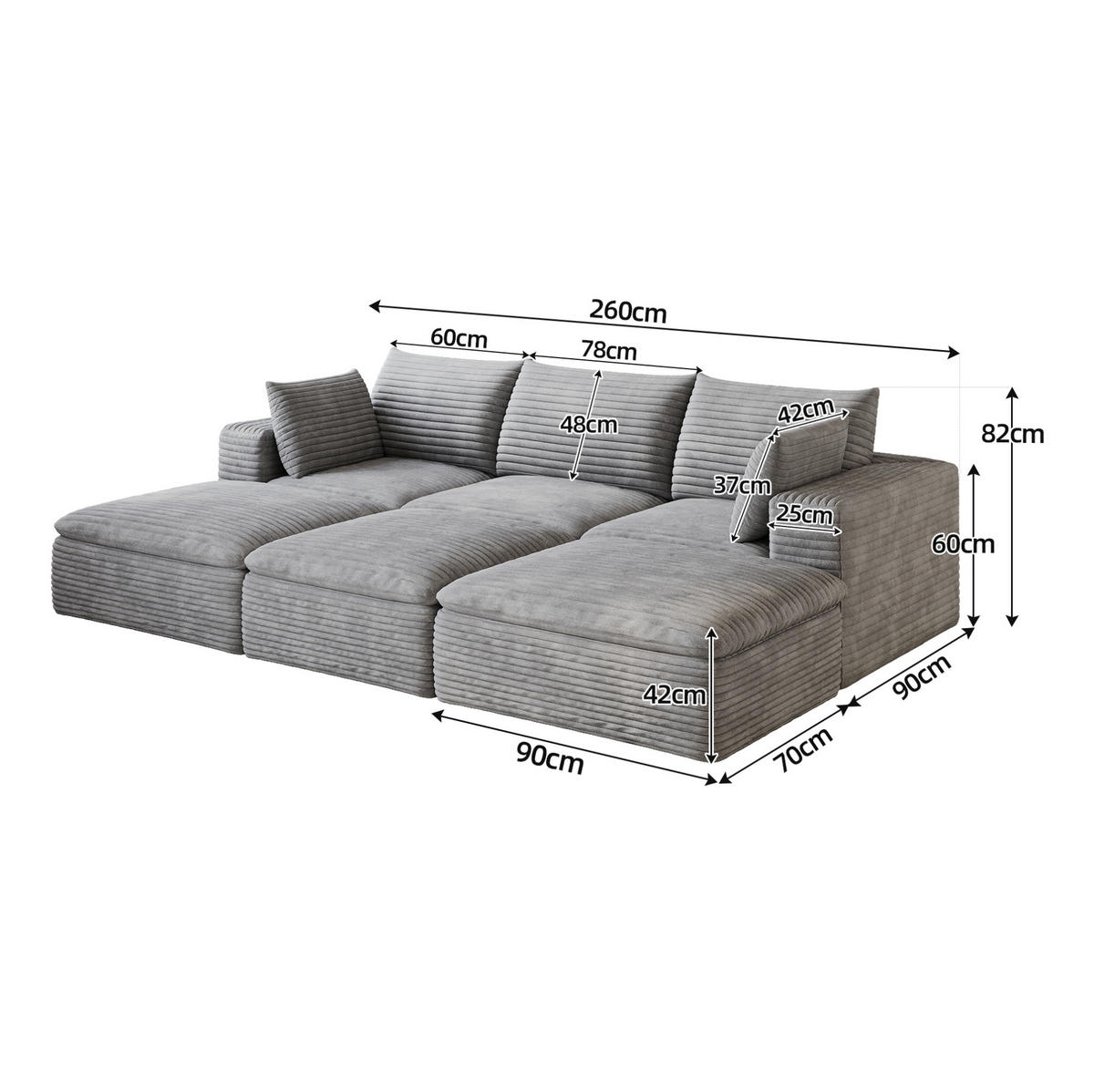 SOFA modular 260 cm Stoff Grau - Grau, Kunststoff (160/60/260.2cm) - Meubliv