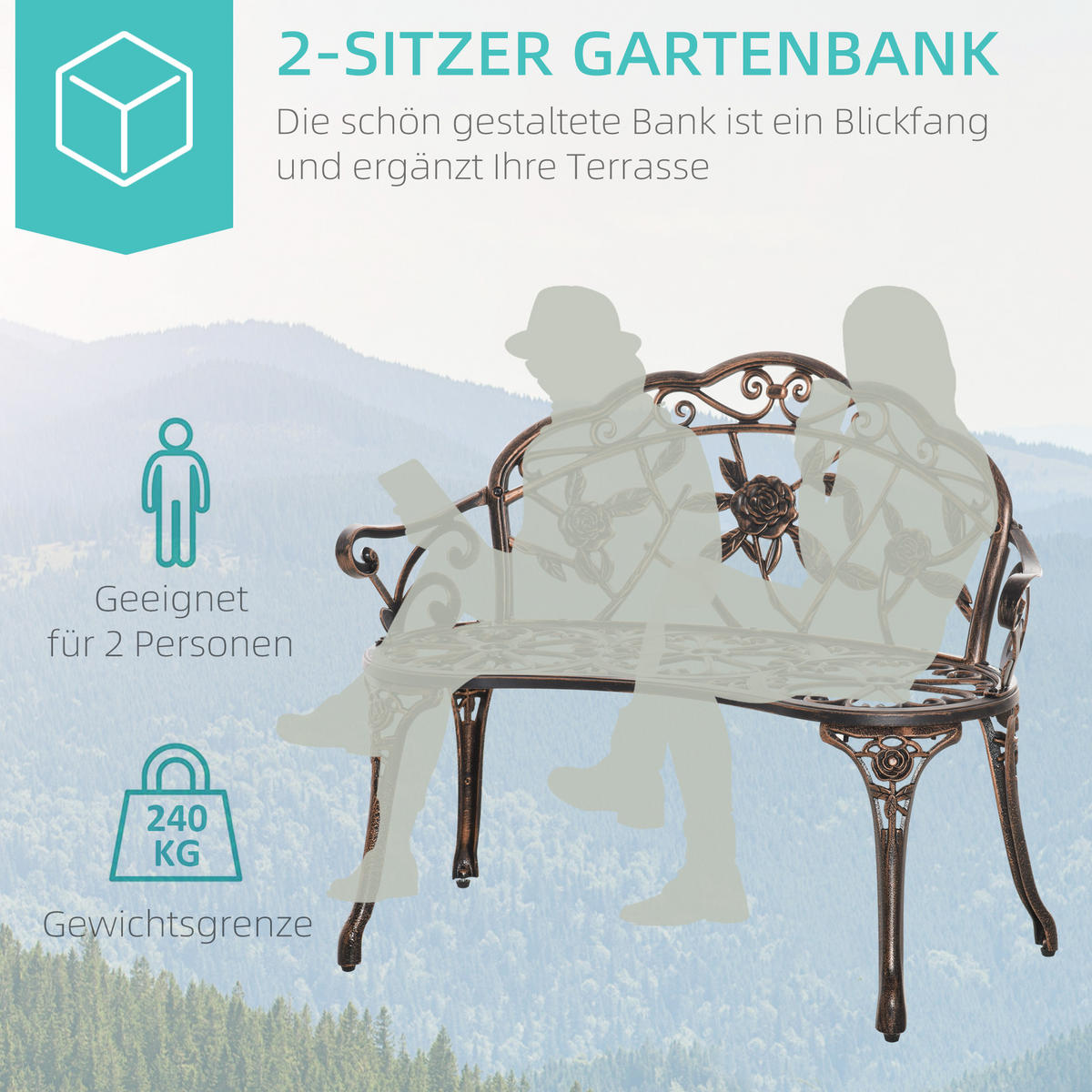 GARTENBANK 2-Sitzer DE-08358 Retro Stil mit Blumenmuster Bronze - Bronzefarben, Metall (100/78/54cm) - ComfortXL