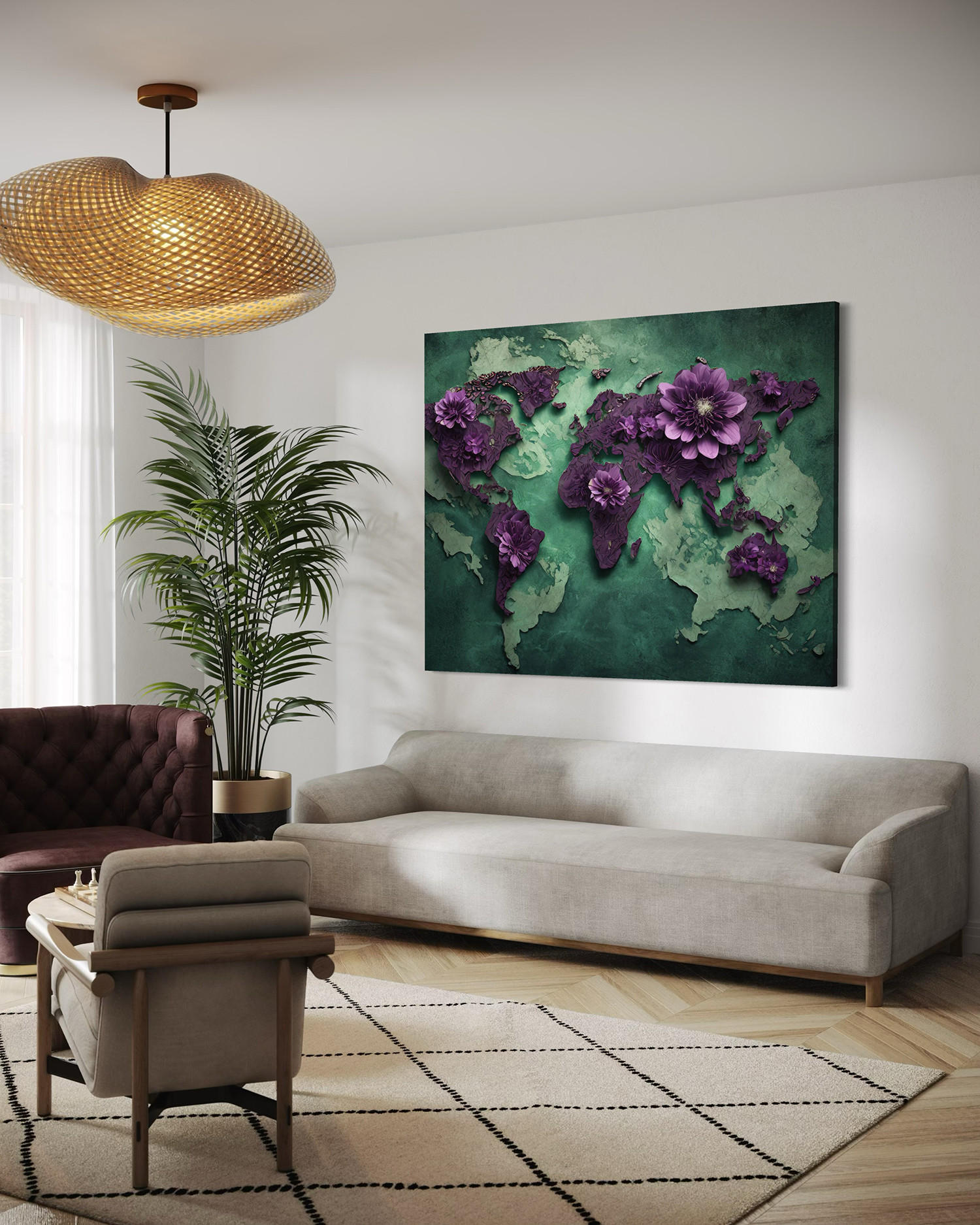 WANDBILD blumen weltkarte lila - Lila, Textil (60/40cm) - Feeby