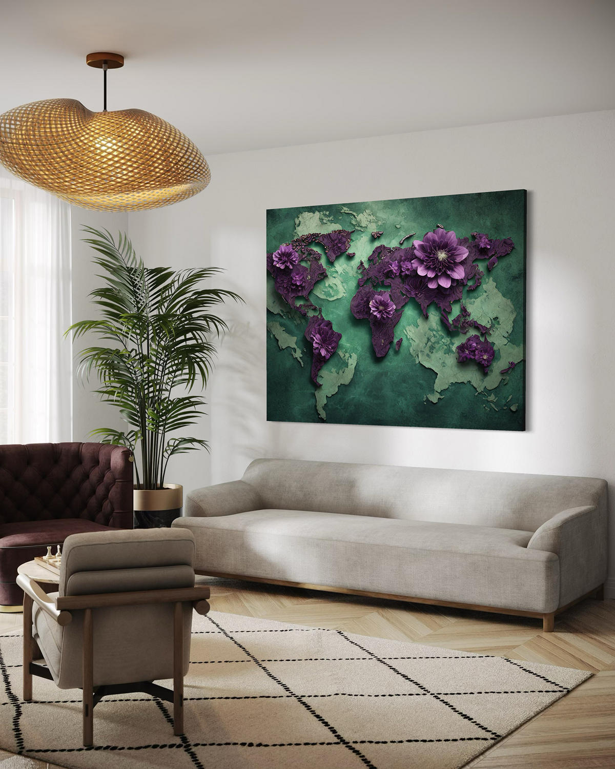 WANDBILD blumen weltkarte lila - Lila, Textil (60/40cm) - Feeby