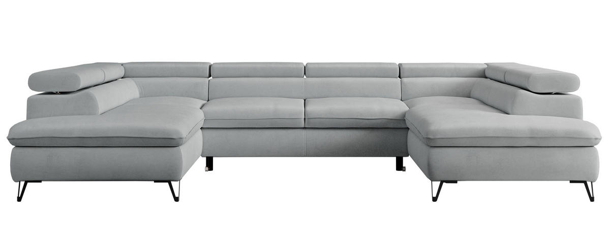 WOHNLANDSCHAFT PETER U Samt Hellgrau - Hellgrau/Schwarz, Textil/Metall (346/76/208cm) - MKS