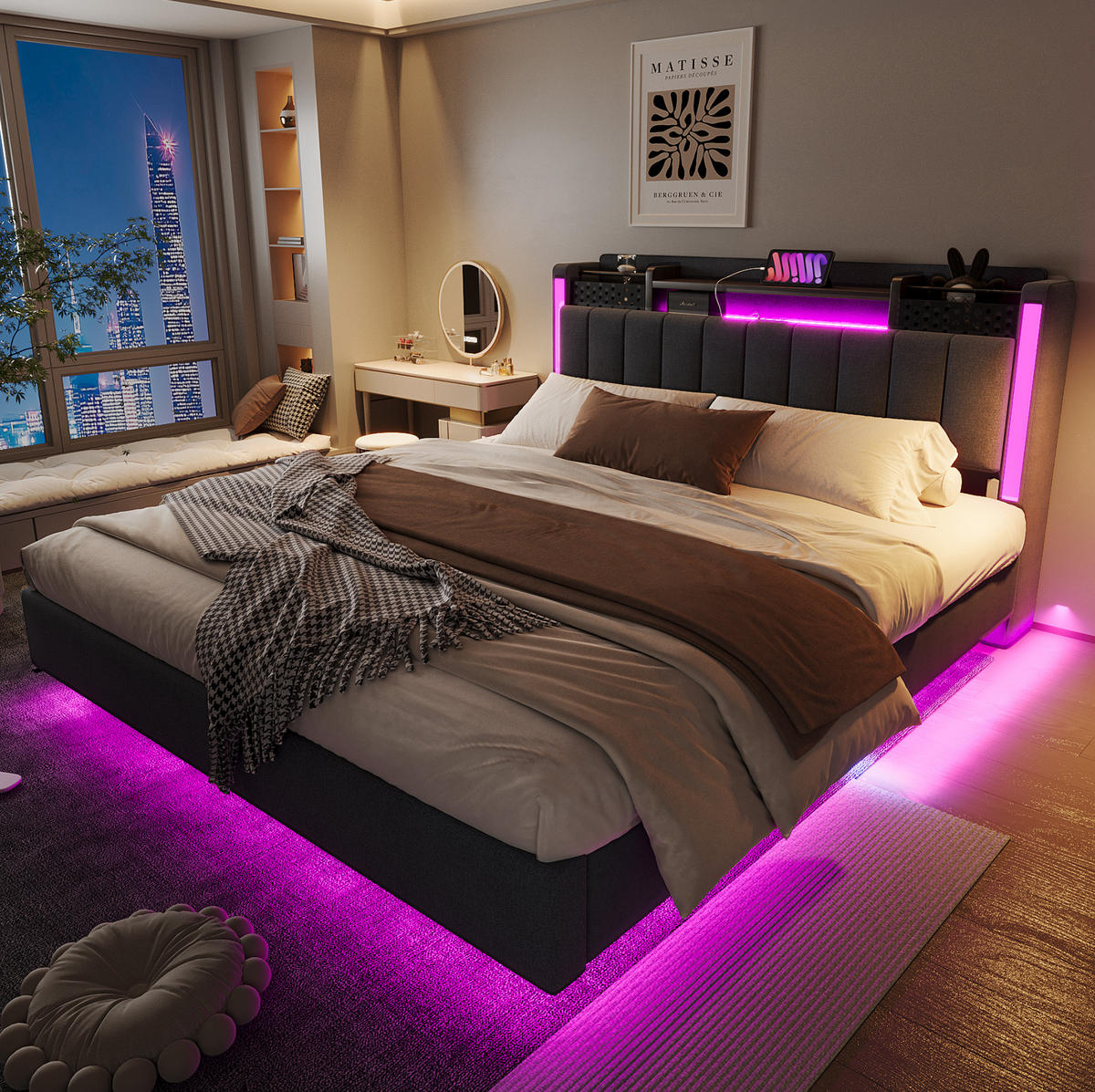 ČALÚNENÁ posteľ z ľanovej látky 160x200 cm sivá s LED osvetlením, USB portom a úložným čelom - sivá, textil (160/200cm) - Modfu
