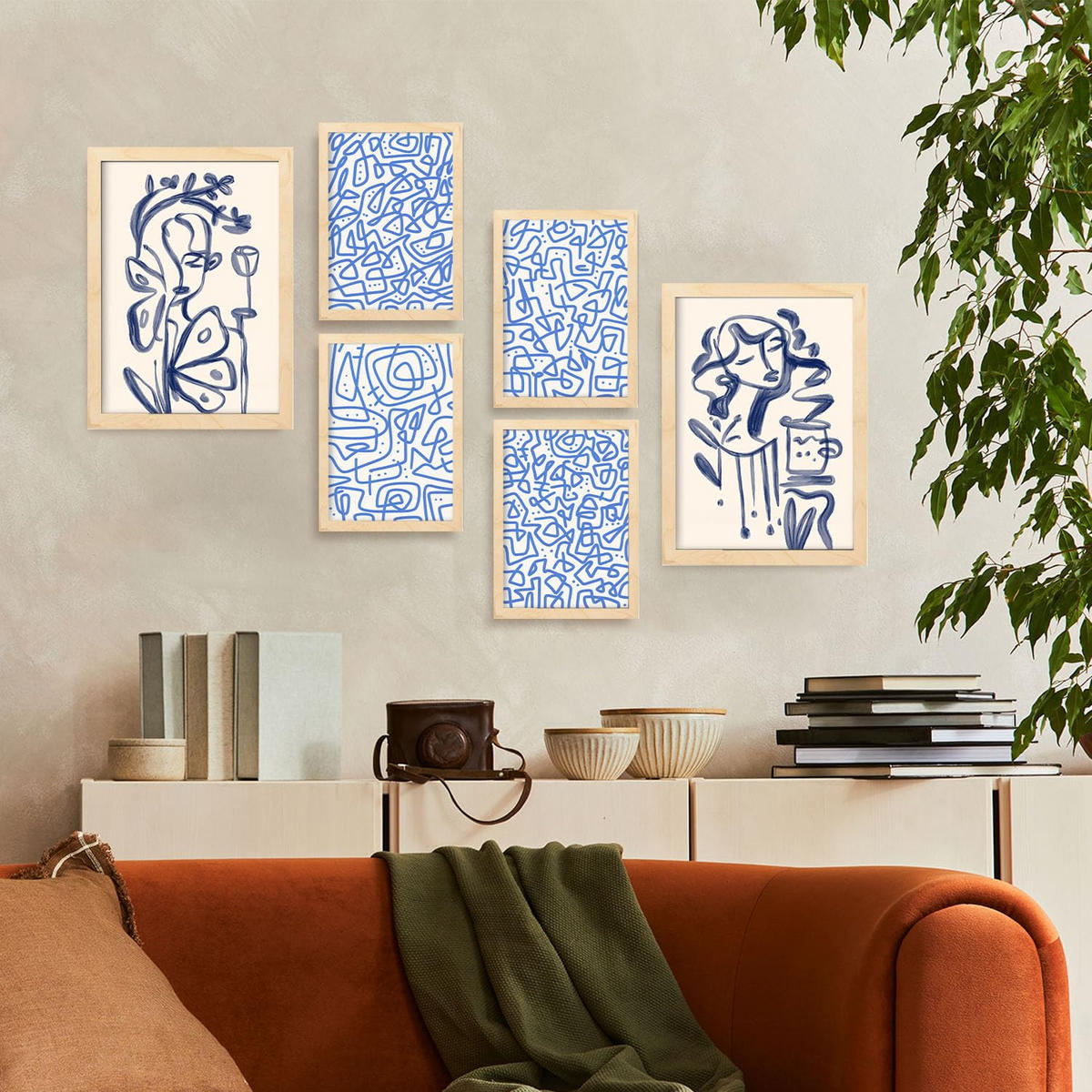 POSTER Set Mit 6 Junge Im Rahmen In Weibliche Zusammenfassung Ästhetische Dekorative Gemälde Für Ihr Wohnzimmer Zuhause A3 & A4 Rahmen Aus Hellem Holz - Beige, Papier (29/3cm) - Nacnic