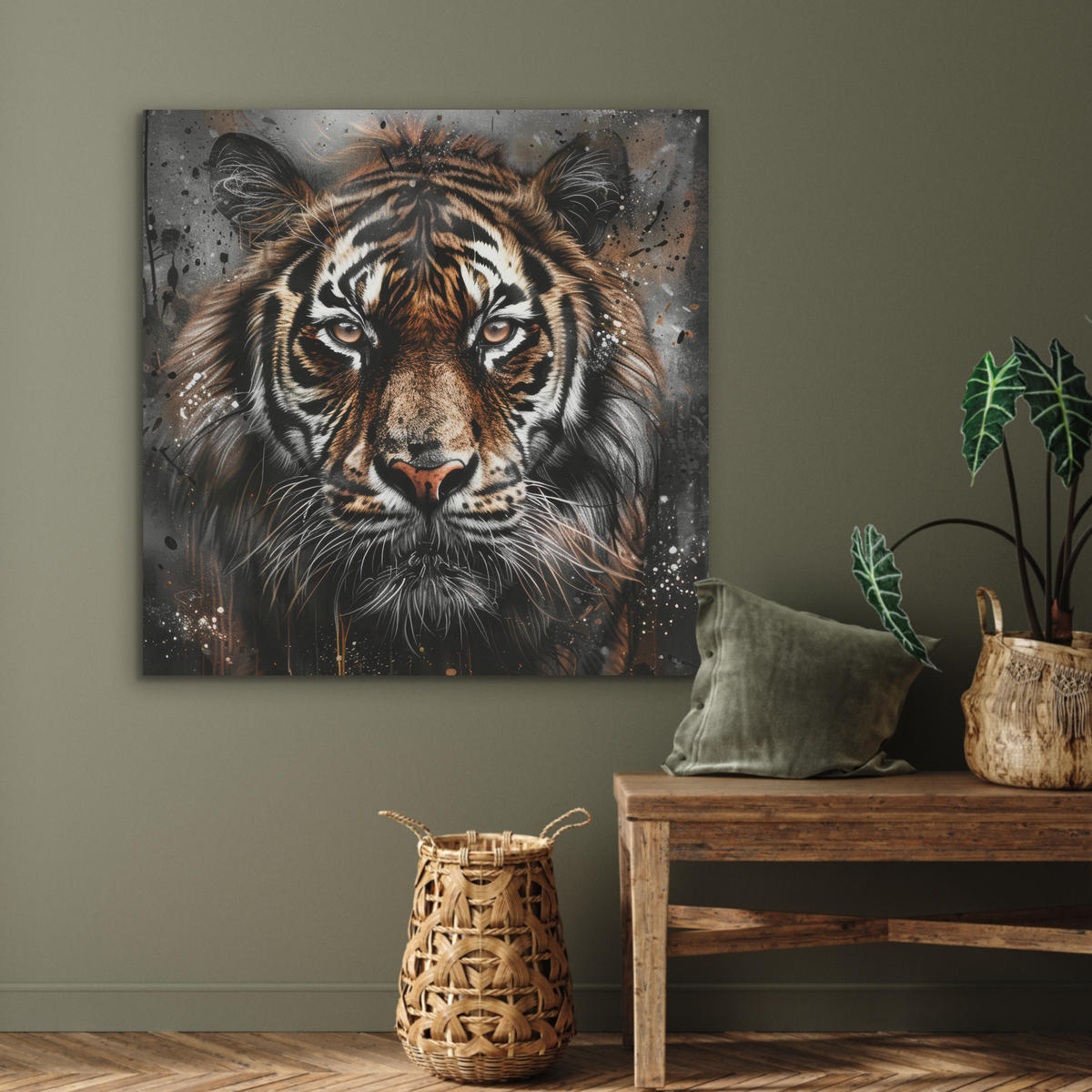 AKUSTIKPANEEL Tiger - Tiere - Porträt - Luxus - Schwarz 90x90 cm - Braun, Textil (90/0.9/90cm) - MuchoWow