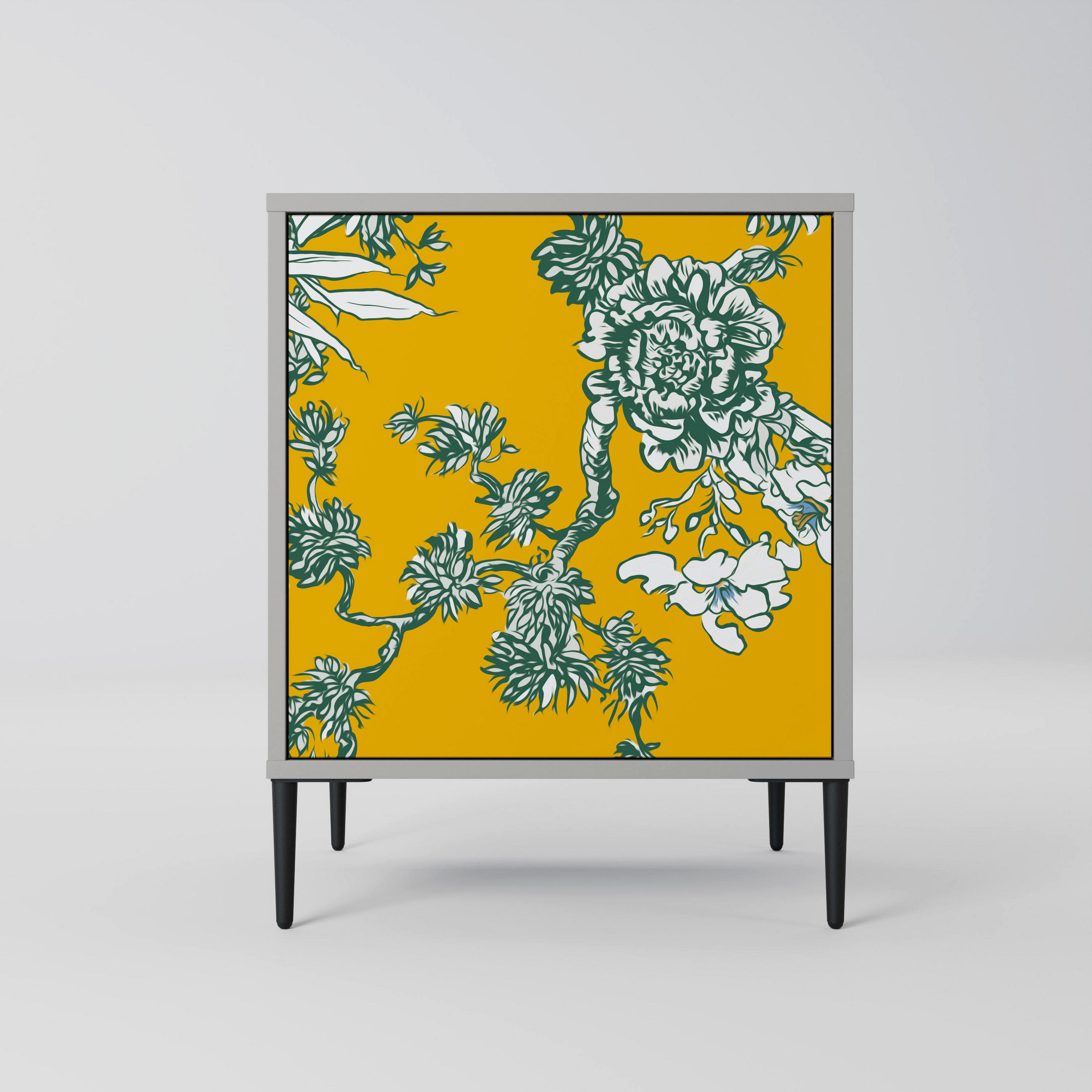 SIDEBOARD YELLOW CHINOISERIE, Grau, 57,5x42x72,5 cm, Schwarze Metallfüße - Multicolor/Schwarz, Holzwerkstoff/Metall (57.5/72.5/42cm) - SpaceRebels