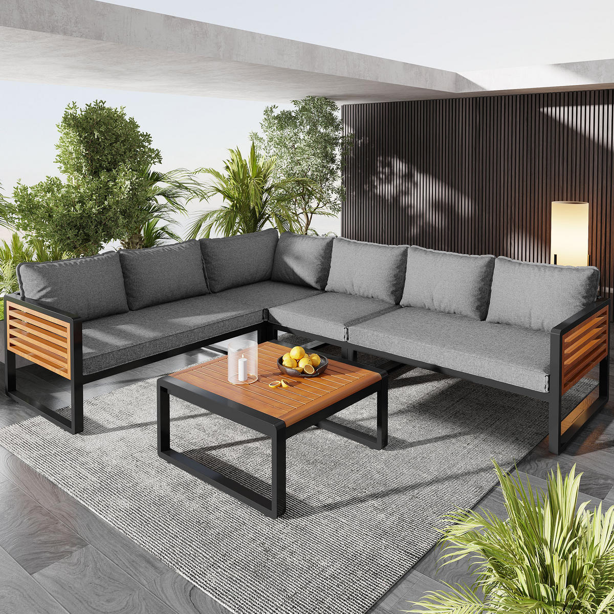 LOUNGESET Modern Grau Mit Verzinktem Rahmen & Holzarmlehnen - Grau, Metall - FLIEKS