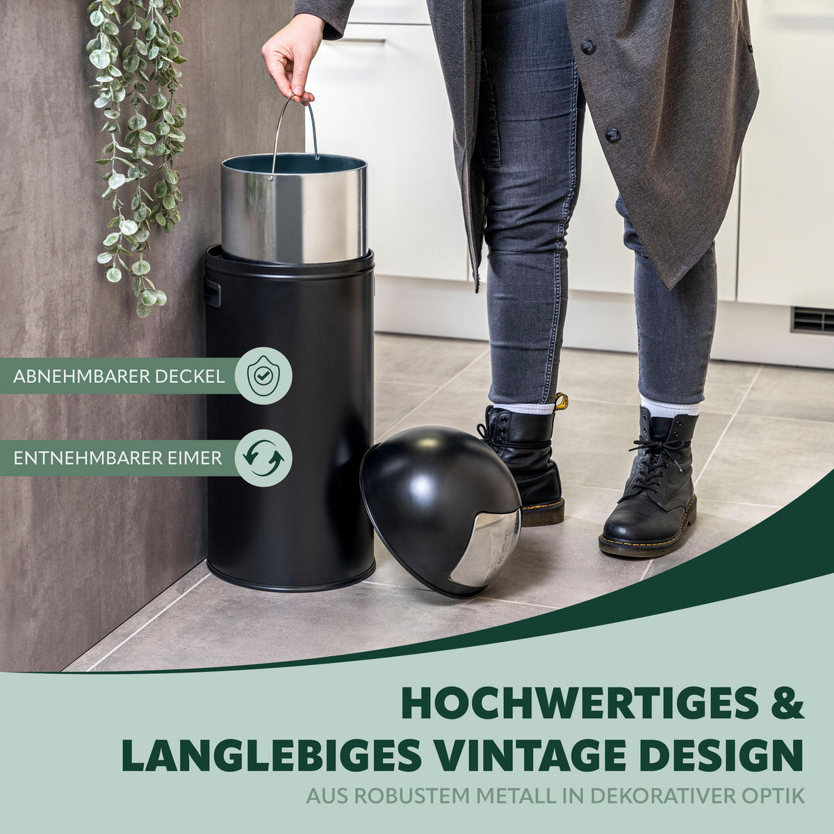 ELUNO Mülleimer 60 Liter aus Stahl - Schwarz, Metall (26.5/60.5/26.5cm) - eluno