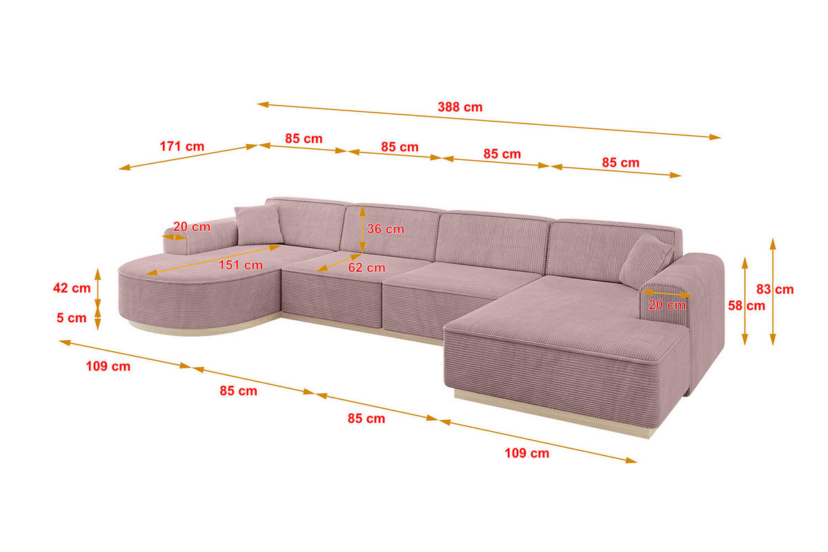 WOHNLANDSCHAFT ARRIO-U2 303x171x83 cm Rosa - Rosa, Holzwerkstoff/Textil (388/83/171cm) - ALTDECOR