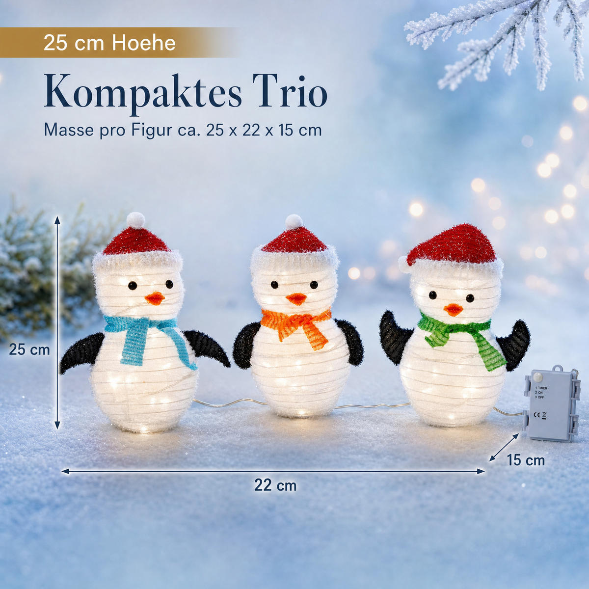 LED-PINGUIN-FIGUR - 45 Lichter mit Timer und Batteriebetrieb für winterliche Garten-Dekoration, 3er-Set - Weiß, Kunststoff (15/22/25cm) - Northpoint