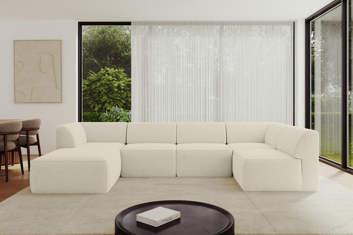 WOHNLANDSCHAFT Ottomane Links MOVO-L 345x180x78 cm Beige Bouclé - Hellbraun, Holzwerkstoff/Kunststoff (345/78/180cm) - ALTDECOR
