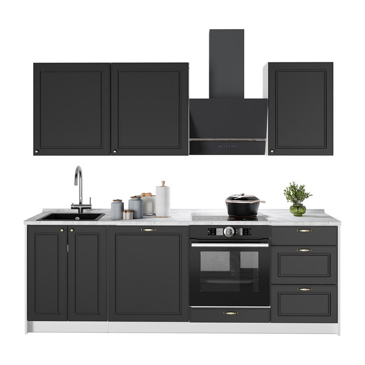 KÜCHENZEILE Fame-Line, Anthrazit-Gold Landhaus/Weiß, 230 cm ohne Arbeitsplatte - Anthrazit/Weiß, Holzwerkstoff (230/206.8/51.6cm) - Vicco