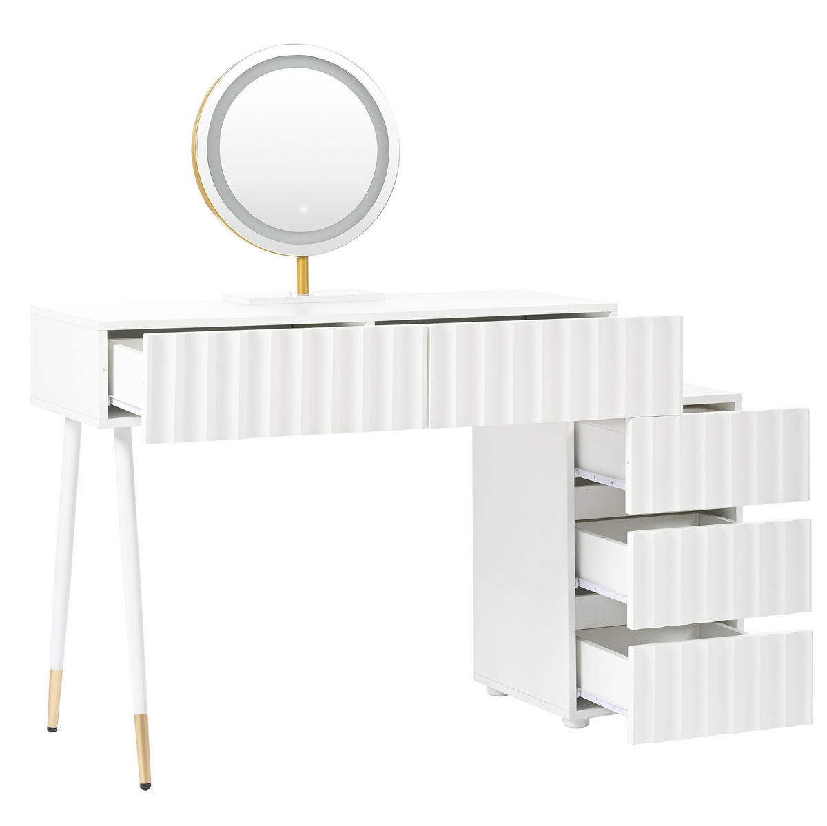 SCHMINKTISCH 100/40/127 cm mit LED-Spiegel, 5 Schubladen und flexiblem Seitenschrank, Weiß - Weiß, Holzwerkstoff (100/127/40cm) - Redom