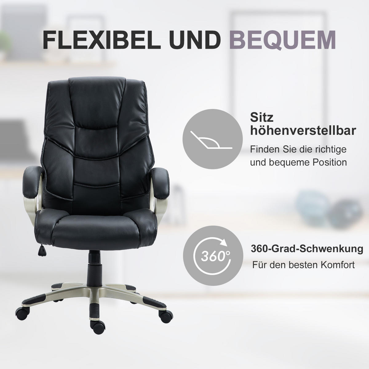 BÜROSESSEL, Schwarz, Kunsterleder - Schwarz, Leder (58/124/70cm) - HOMCOM