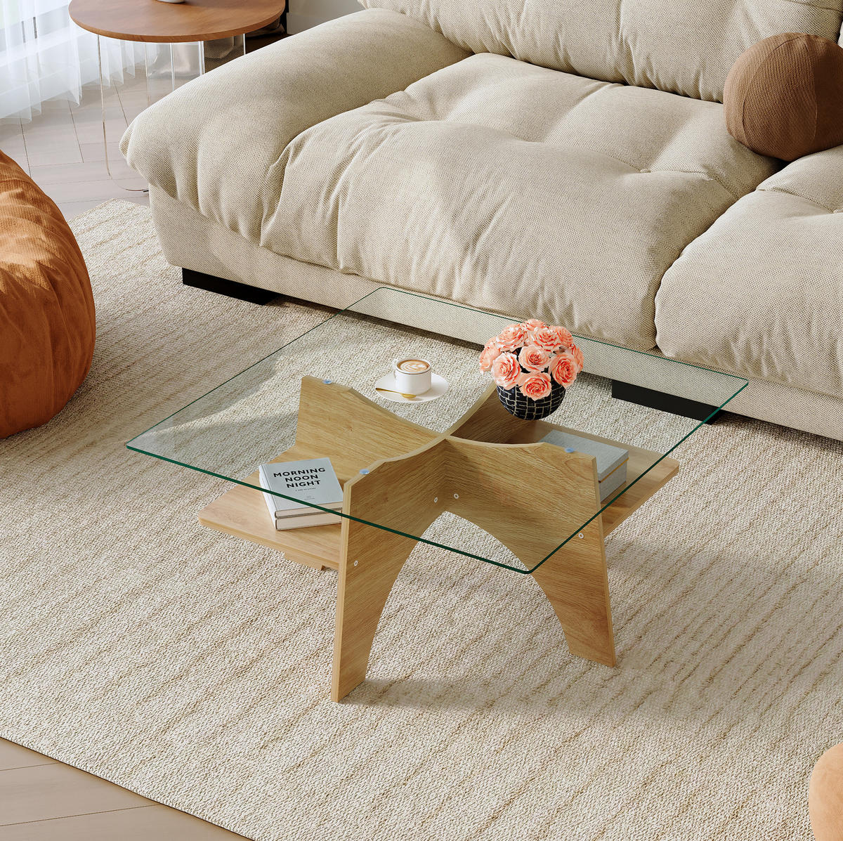 ODKLÁDACÍ stolek 80/80/40 cm transparentní v barvě dřeva z MDF a skla s úložným prostorem - průhledná, sklo (80/80/40cm) - OKWISH