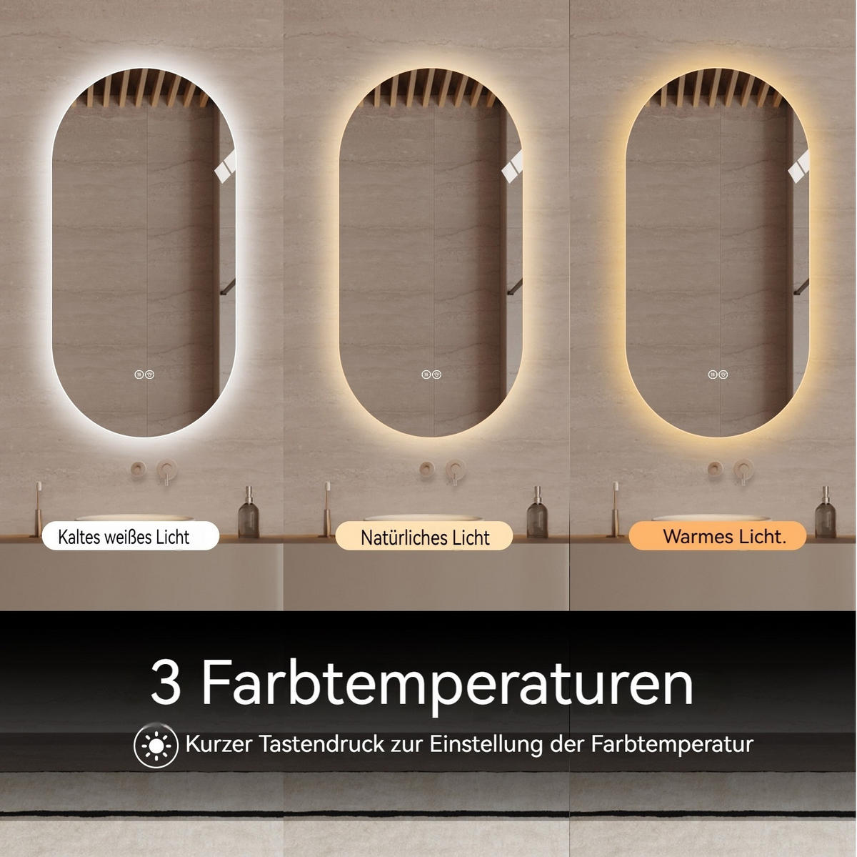 LED Badezimmerspiegel 60x120x3cm,Silber mit 3 Lichtfarben, Entspiegelung & zwei Anschlussarten - Silberfarben, Glas (3/120/60cm) - Modfu