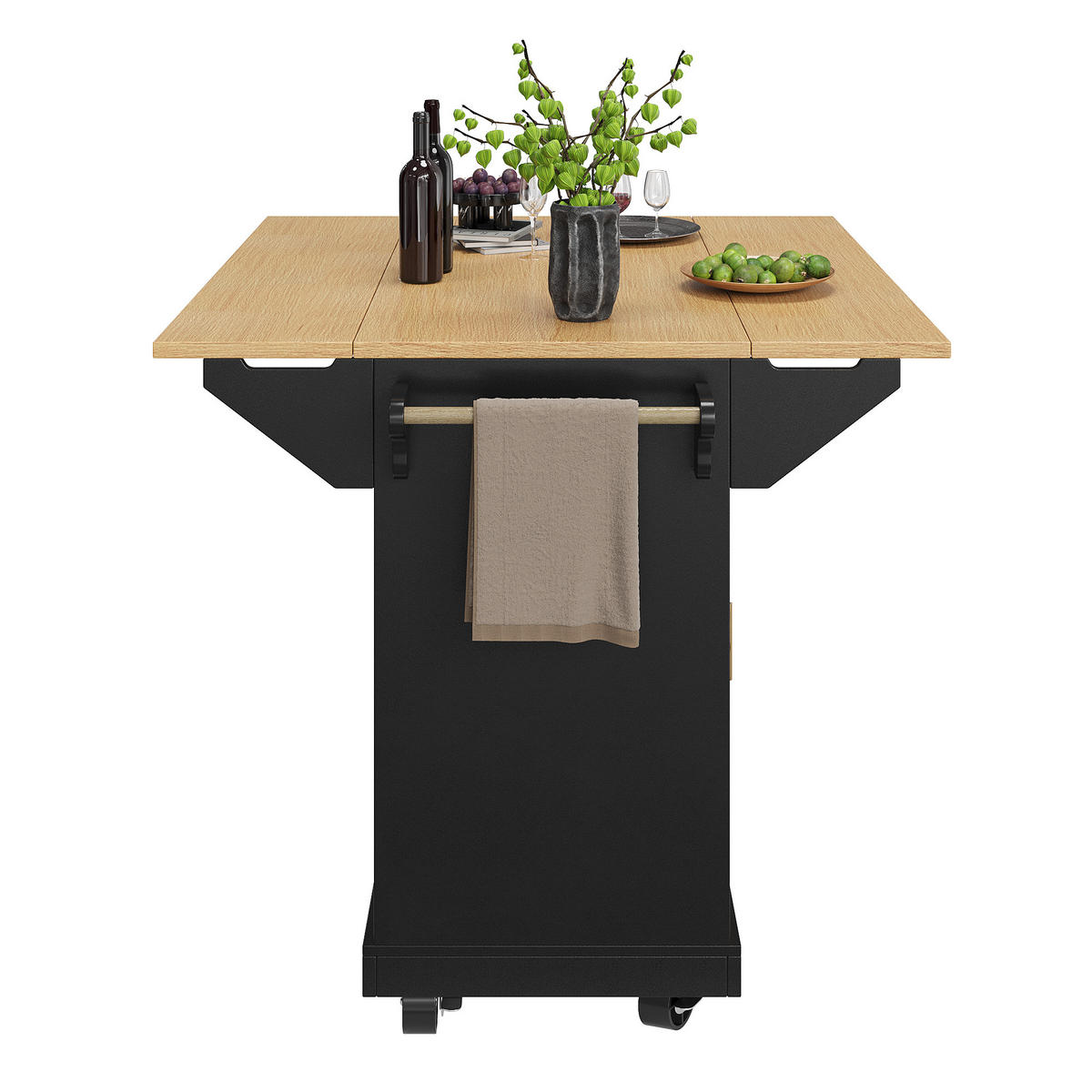 KÜCHENINSEL 120x40-80x95 cm aus MDF und Metall mit klappbarem Tischdesign und 360° drehbaren Rollen, 3 Schubladen, schwarz - Schwarz, Holzwerkstoff (120/95/80cm) - Luhomfu