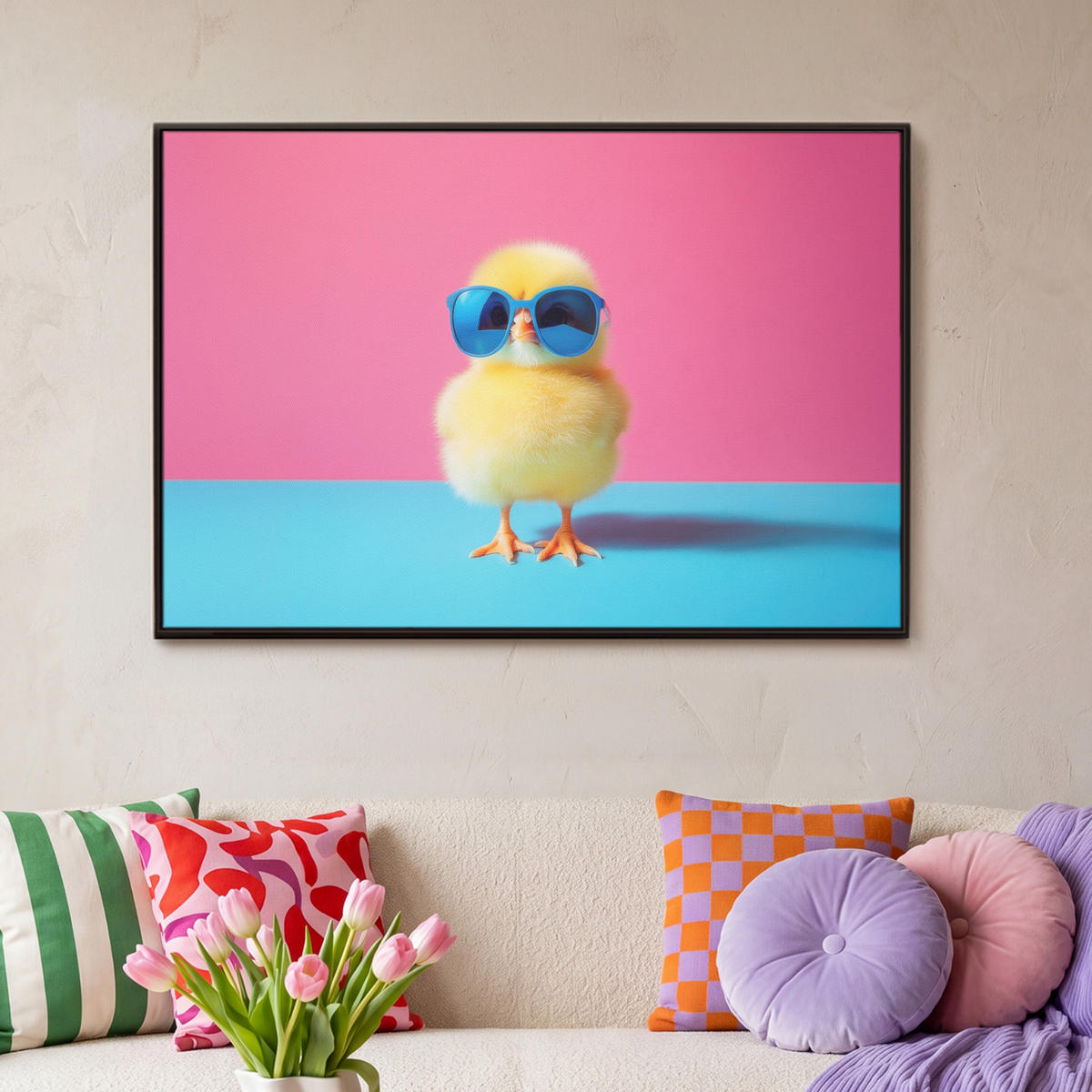 LEINWAND Bilder mit Rahmen - Chick - Sonnenbrille - Blau - 90x60 - Pink, Textil (90/60cm) - MuchoWow