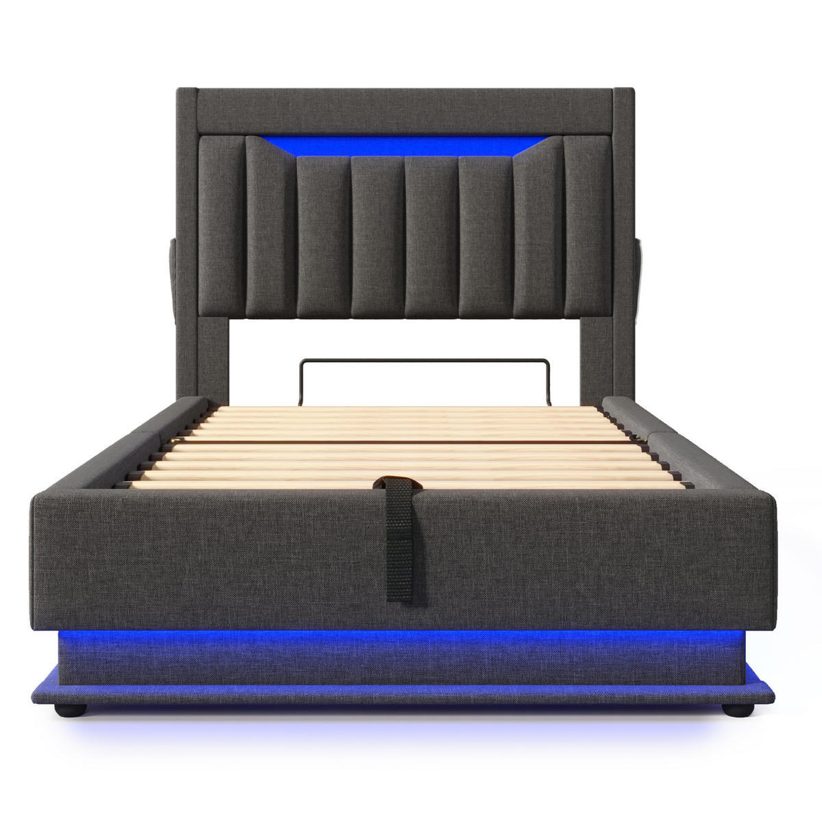 POLSTERBETT 90/200 cm mit LED, USB- und USB-C-Anschlüssen, Stauraum-Kopfteil und hydraulischem Bettkasten, Leinen, Grau - Grau, Textil (90/200cm) - Redom