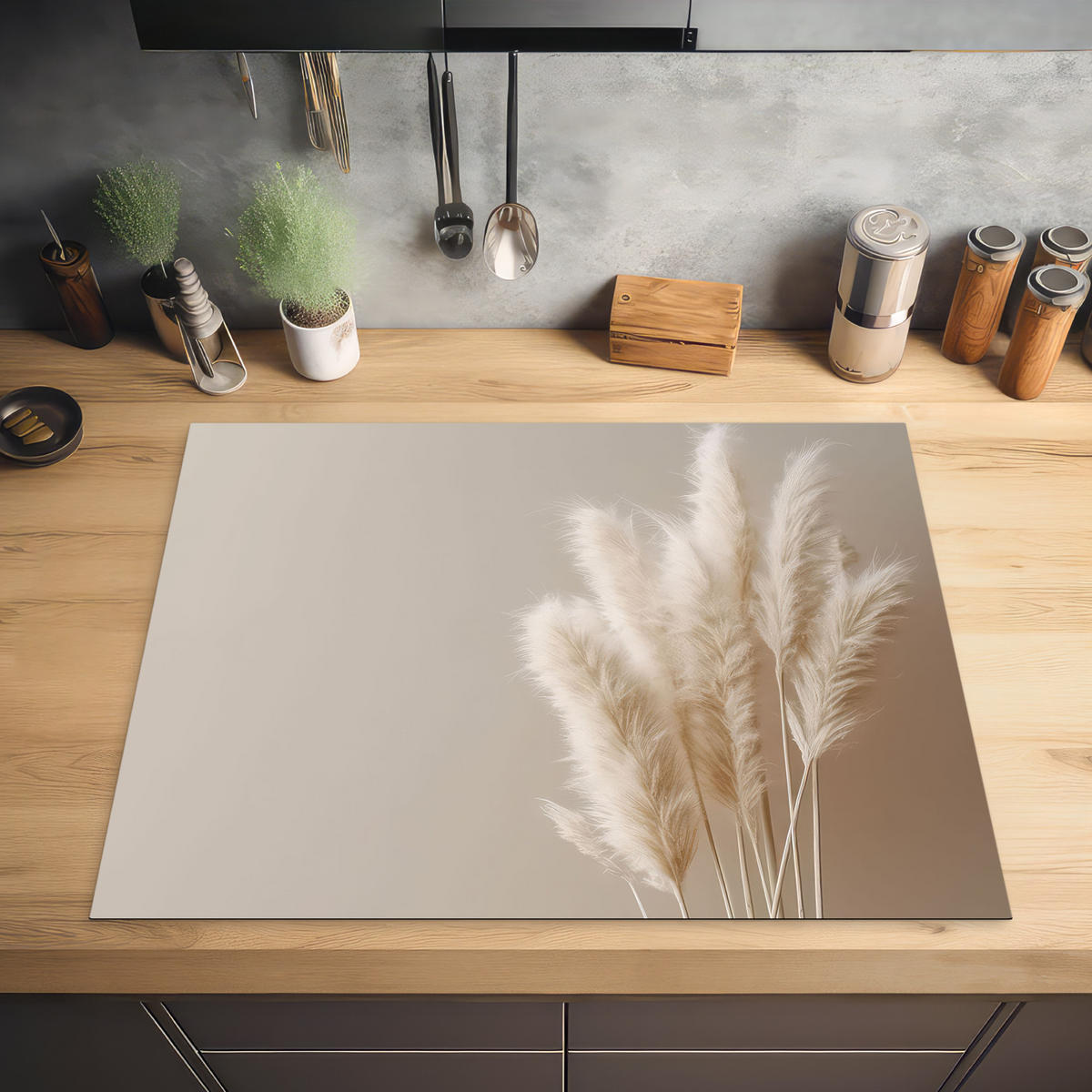 HERABDECKPLATTE - Pampasgras - Federn - Pastell - Weiß - 80x55 - Creme, Kunststoff (80/55/0.2cm) - MuchoWow