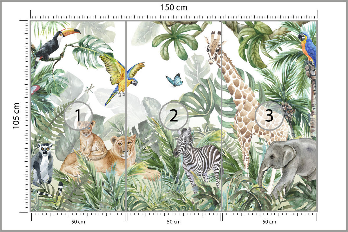 FOTOTAPETE für Kinderzimmer Tropen Dschungel Tiere Palmen Monstera 150x105 - Beige/Orange, Papier (150/105cm) - Muralo